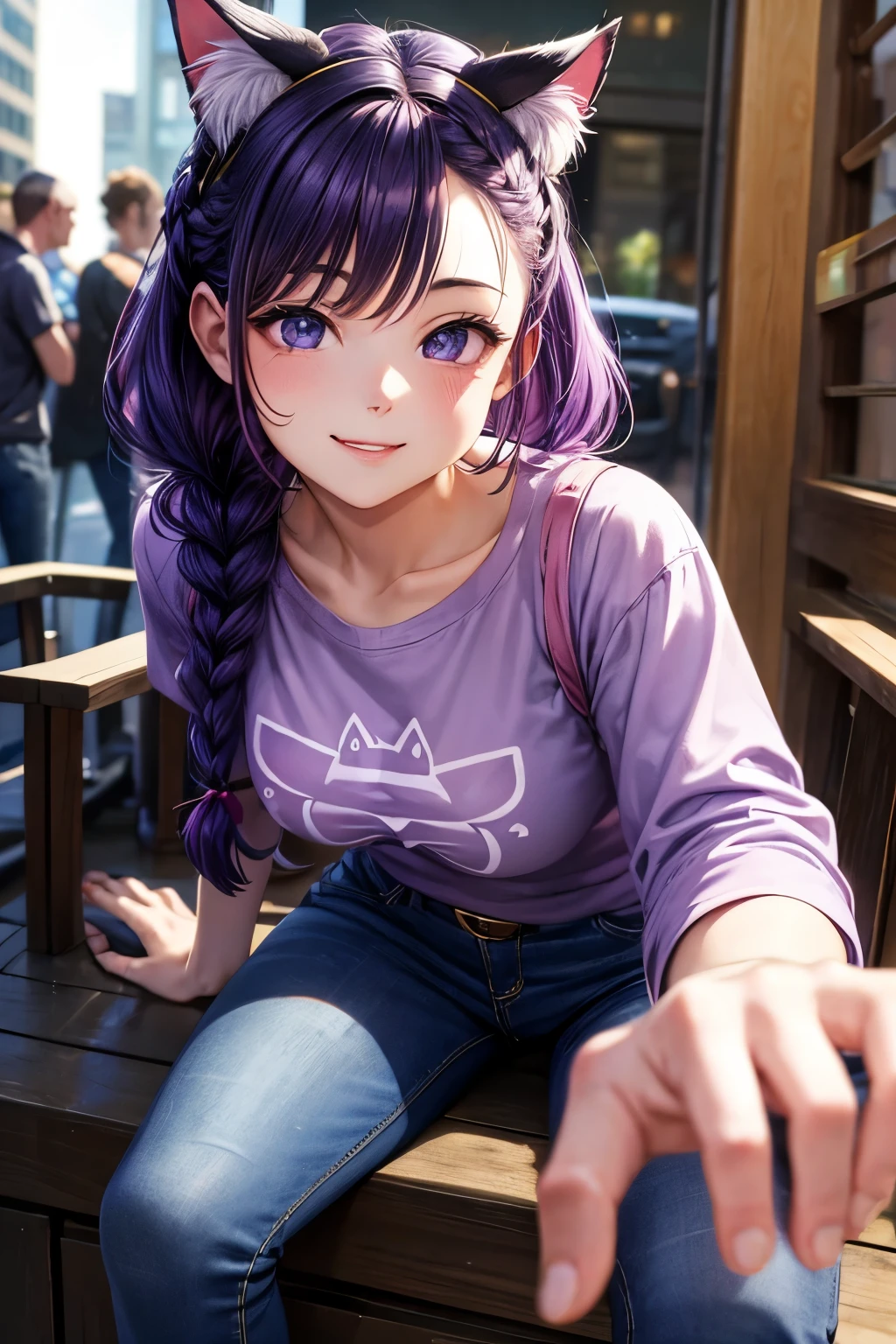 Top quality, high resolution, perfect human structure, background focus, front view, purple hair, smile, cat ears, french braid, crazy eyes, shirt, jeans