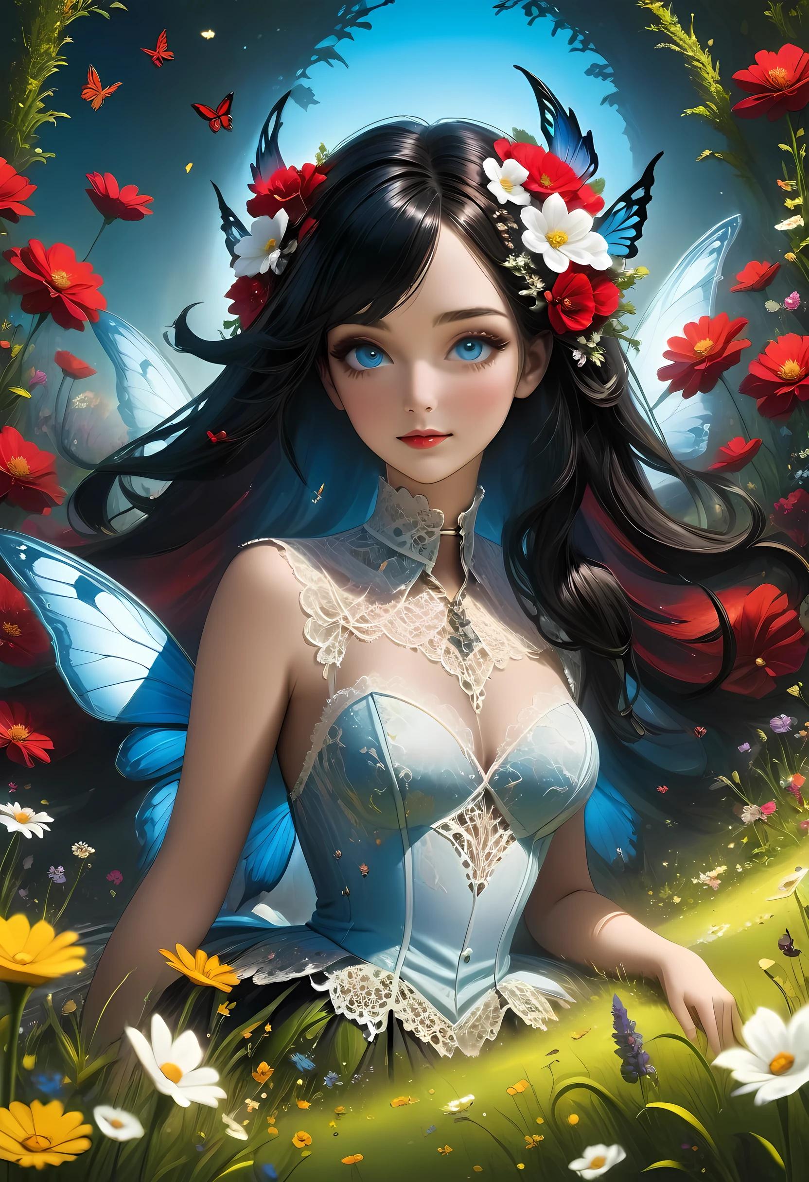 high details, best quality, 16k, RAW, [best detailed], masterpiece, best quality, (extremely detailed), full body, ultra wide shot, photorealistic, dark fantasy art, goth art, RPG art, D&D art, a picture of a dark female fairy resting in a flower meadow, extremely beautiful fairy, ultra feminine (intense details, Masterpiece, best quality), best detailed face (intense details, Masterpiece, best quality), having wide butterfly wings, spread butterfly wings (intense details, Masterpiece, best quality), dark colors wings (intense details, Masterpiece, best quality), black hair, long hair, shinning hair, flowing hair, shy smile, innocent smile, blue eyes, dark red lips, wearing ((white: 1.5)) lace dress (intense details, Masterpiece, best quality), (lace: 1.5) corset (intense details, Masterpiece, best quality), dynamic elegant shirt, chocker, wearing high heels, in dark colored flower meadow (intense details, Masterpiece, best quality), (red flowers: 1.2) , (black flowers: 1.2), (white flowers: 1.2), (blue flowers: 1.3) [extreme many flowers] (intense details, Masterpiece, best quality), dark colorful flowers (intense details, Masterpiece, best quality), flower meadow in a dark goth field background, dim light, cinematic light, High Detail, Ultra High Quality, High Resolution, 16K Resolution, Ultra HD Pictures, 3D rendering Ultra Realistic, Clear Details, Realistic Detail, Ultra High Definition, lace drawing, betmd
