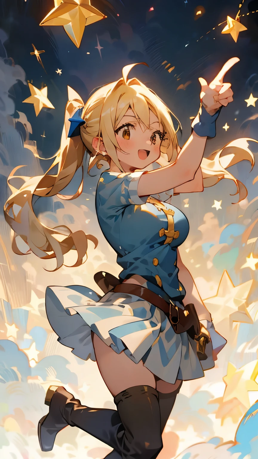 ****************、One girl, Fairy, Pointed Ears, masterpiece, highest quality, High resolution, Lucy Heartfilia, Lucy Heartfilia, One girl, alone, Blonde Hair, Brown eyes, Long Hair, Side Ponytail, Hair Ribbon, Big Breasts, Earrings, Thigh-high boots, Blue Shirt, No sleeve, White Skirt, smile, Open your mouth, Dark Background, starlight, star,starをすくう、手のひらでstarを救い上げる