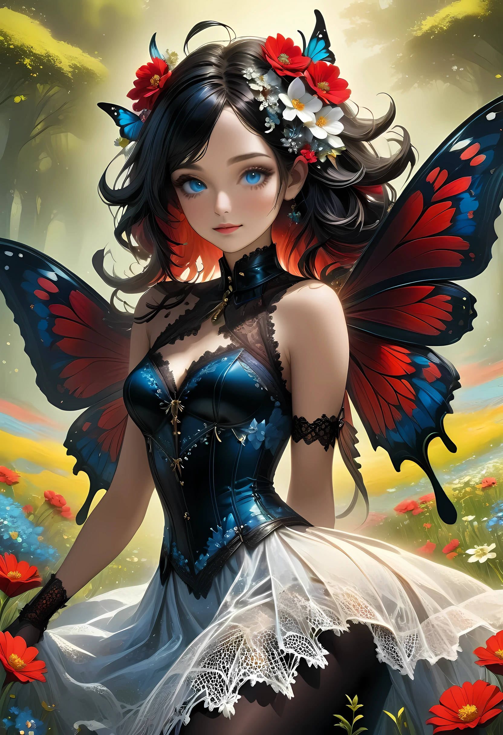 high details, best quality, 16k, RAW, [best detailed], masterpiece, best quality, (extremely detailed), full body, ultra wide shot, photorealistic, dark fantasy art, goth art, RPG art, D&D art, a picture of a dark female fairy resting in a flower meadow, extremely beautiful fairy, ultra feminine (intense details, Masterpiece, best quality), best detailed face (intense details, Masterpiece, best quality), having wide butterfly wings, spread butterfly wings (intense details, Masterpiece, best quality), dark colors wings (intense details, Masterpiece, best quality), black hair, long hair, shinning hair, flowing hair, shy smile, innocent smile, blue eyes, dark red lips, wearing ((white: 1.5)) lace dress (intense details, Masterpiece, best quality), (lace: 1.5) corset (intense details, Masterpiece, best quality), dynamic elegant shirt, chocker, wearing high heels, in dark colored flower meadow (intense details, Masterpiece, best quality), (red flowers: 1.2) , (black flowers: 1.2), (white flowers: 1.2), (blue flowers: 1.3) [extreme many flowers] (intense details, Masterpiece, best quality), dark colorful flowers (intense details, Masterpiece, best quality), flower meadow in a dark goth field background, dim light, cinematic light, High Detail, Ultra High Quality, High Resolution, 16K Resolution, Ultra HD Pictures, 3D rendering Ultra Realistic, Clear Details, Realistic Detail, Ultra High Definition, lace drawing, betmd
