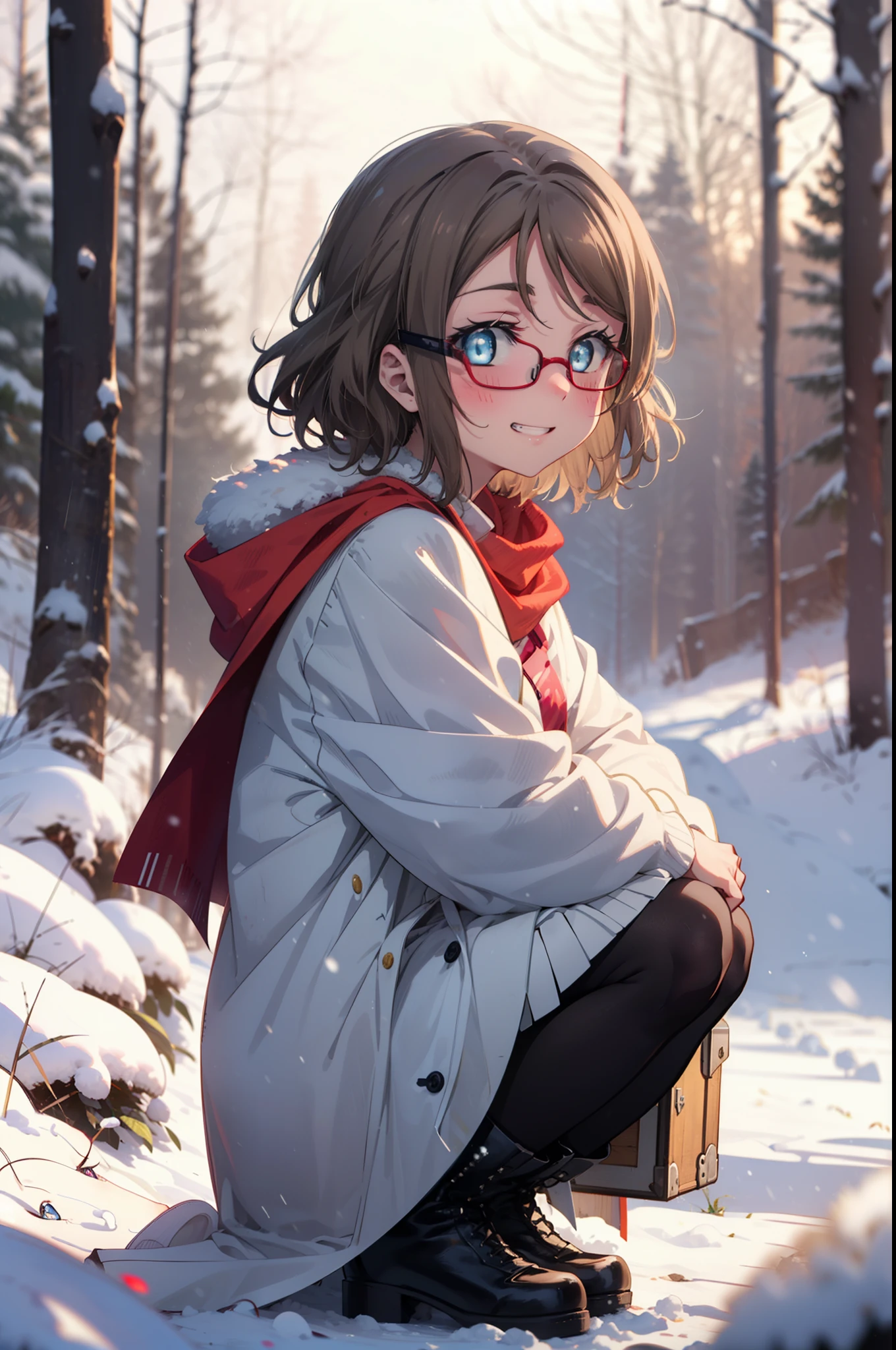 Yo Watanabe, Yu Watanabe, short hair, blue eyes, Brown Hair, smile, Grin,Medium Breast,Black-rimmed glasses,
Open your mouth,snow,Ground bonfire, Outdoor, boots, snowing, From the side, wood, suitcase, Cape, Blurred, having meal, forest, White handbag, nature, Squat, Mouth closed, Cape, winter, Written boundary depth, Black shoes, red Cape break looking at viewer, Upper Body, whole body, break Outdoor, forest, nature, break (masterpiece:1.2), highest quality, High resolution, unity 8k wallpaper, (shape:0.8), (Beautiful and beautiful eyes:1.6), Highly detailed face, Perfect lighting, Extremely detailed CG, (Perfect hands, Perfect Anatomy),