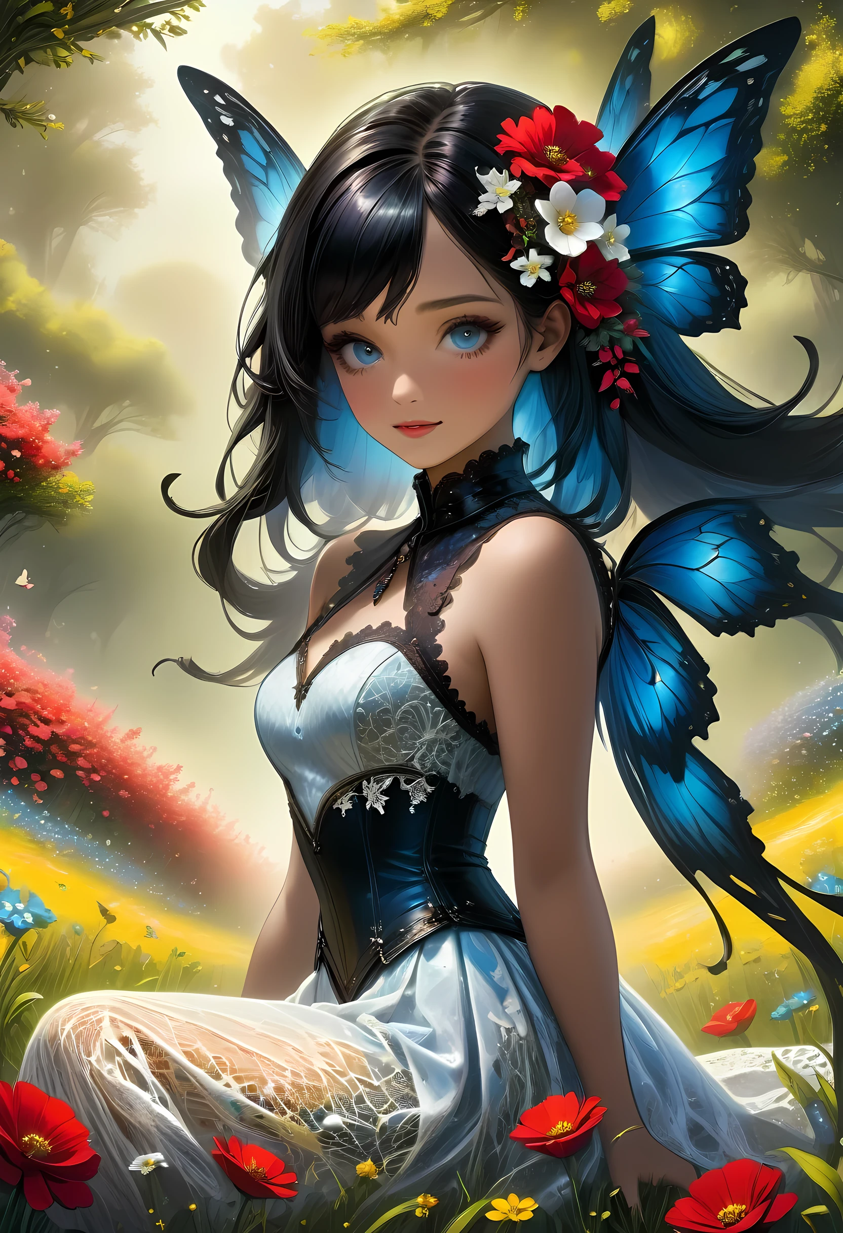 high details, best quality, 16k, RAW, [best detailed], masterpiece, best quality, (extremely detailed), full body, ultra wide shot, photorealistic, dark fantasy art, goth art, RPG art, D&D art, a picture of a dark female fairy resting in a flower meadow, extremely beautiful fairy, ultra feminine (intense details, Masterpiece, best quality), best detailed face (intense details, Masterpiece, best quality), having wide butterfly wings, spread butterfly wings (intense details, Masterpiece, best quality), dark colors wings (intense details, Masterpiece, best quality), black hair, long hair, shinning hair, flowing hair, shy smile, innocent smile, blue eyes, dark red lips, wearing ((white: 1.5)) lace dress (intense details, Masterpiece, best quality), (lace: 1.5) corset (intense details, Masterpiece, best quality), dynamic elegant shirt, chocker, wearing high heels, in dark colored flower meadow (intense details, Masterpiece, best quality), (red flowers: 1.2) , (black flowers: 1.2), (white flowers: 1.2), (blue flowers: 1.3) [extreme many flowers] (intense details, Masterpiece, best quality), dark colorful flowers (intense details, Masterpiece, best quality), flower meadow in a dark goth field background, dim light, cinematic light, High Detail, Ultra High Quality, High Resolution, 16K Resolution, Ultra HD Pictures, 3D rendering Ultra Realistic, Clear Details, Realistic Detail, Ultra High Definition, lace drawing, betmd
