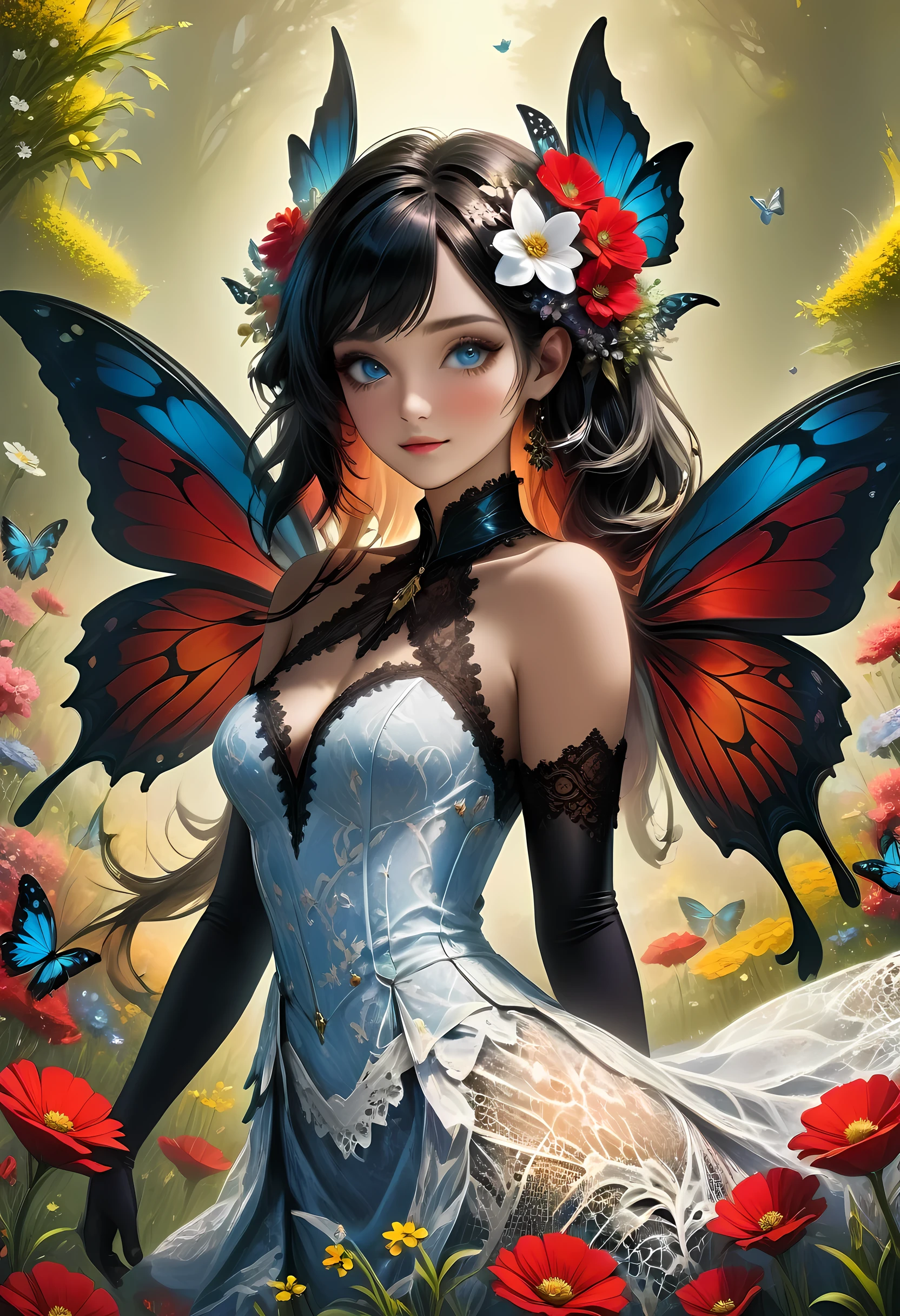 high details, best quality, 16k, RAW, [best detailed], masterpiece, best quality, (extremely detailed), full body, ultra wide shot, photorealistic, dark fantasy art, goth art, RPG art, D&D art, a picture of a dark female fairy resting in a flower meadow, extremely beautiful fairy, ultra feminine (intense details, Masterpiece, best quality), best detailed face (intense details, Masterpiece, best quality), having wide butterfly wings, spread butterfly wings (intense details, Masterpiece, best quality), dark colors wings (intense details, Masterpiece, best quality), black hair, long hair, shinning hair, flowing hair, shy smile, innocent smile, blue eyes, dark red lips, wearing ((white: 1.5)) lace dress (intense details, Masterpiece, best quality), (lace: 1.5) corset (intense details, Masterpiece, best quality), dynamic elegant shirt, chocker, wearing high heels, in dark colored flower meadow (intense details, Masterpiece, best quality), (red flowers: 1.2) , (black flowers: 1.2), (white flowers: 1.2), (blue flowers: 1.3) [extreme many flowers] (intense details, Masterpiece, best quality), dark colorful flowers (intense details, Masterpiece, best quality), flower meadow in a dark goth field background, dim light, cinematic light, High Detail, Ultra High Quality, High Resolution, 16K Resolution, Ultra HD Pictures, 3D rendering Ultra Realistic, Clear Details, Realistic Detail, Ultra High Definition, lace drawing, betmd
