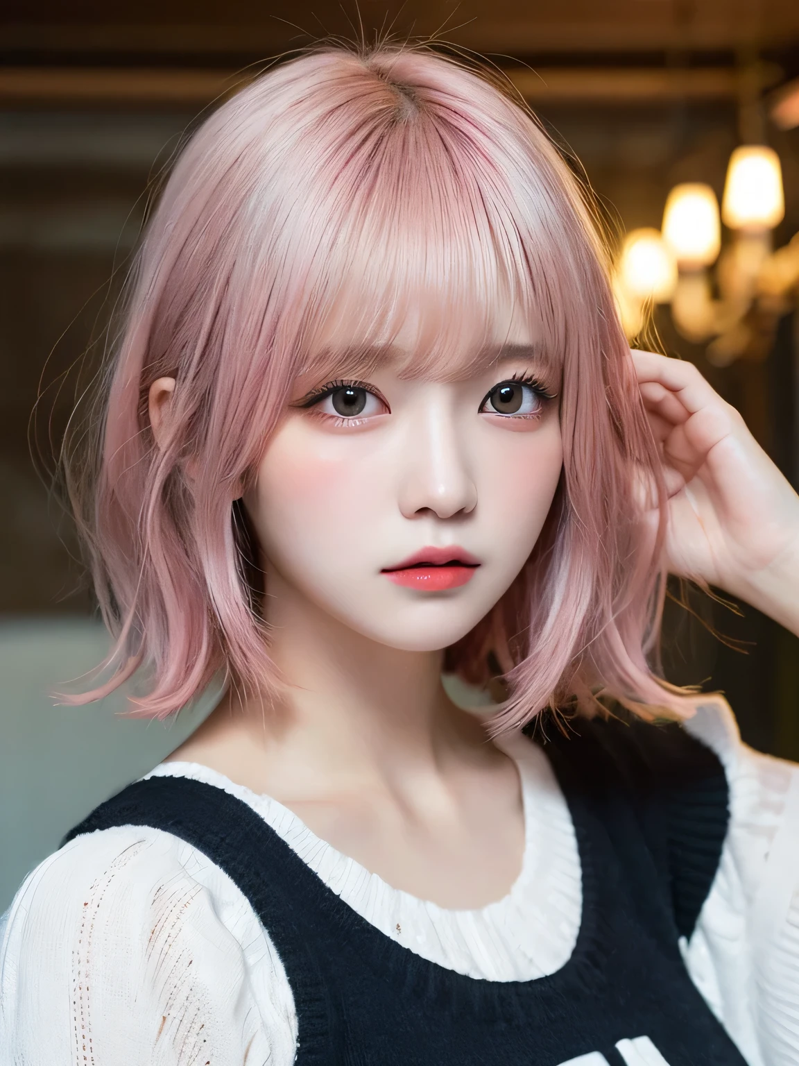 Pieces fly, highest quality, figure, Very detailed, Fine details, High resolution, 8k,wallpaper, Perfect dynamic composition, Beautiful fine details, White camisole,Short Bob Hair、Pink Hair Color,Big Natural Color Lip, Bold sexy pose,Crying face、Cold Stare,16-year-old girl、Cute type、Lolita、Good Eyes、whole body