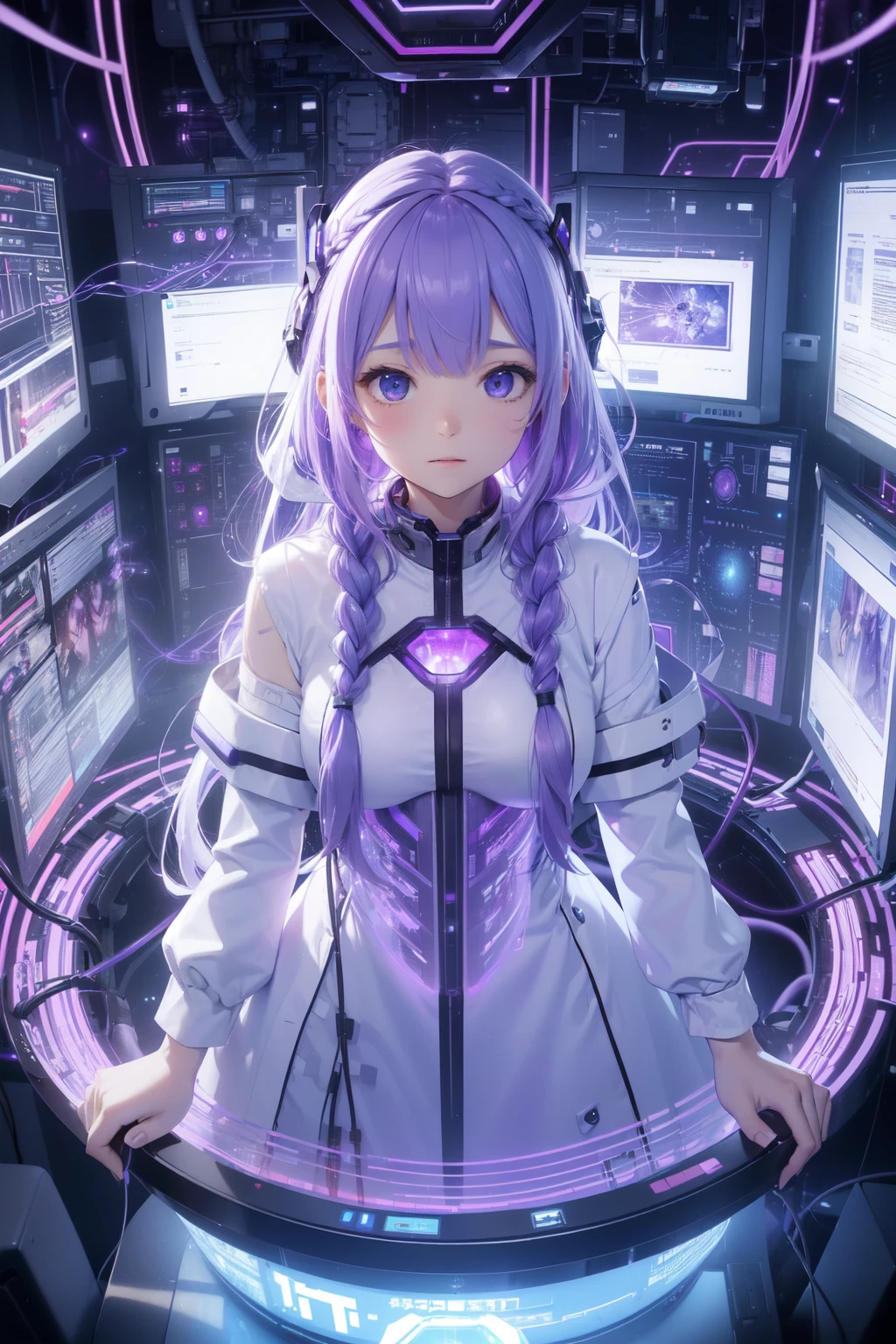 highest quality, 8k, High resolutionアート, High resolution, Super detailed, Very detailed, Cyberspace、(Elder Scientist、20th century style、Wearing a white coat)、(A girl inside a transparent artificial womb、Floating in amniotic fluid、Natural standing posture)、(Numerous digital wires connect the girl from the uterus、Glowing Wiring、Wiring is as follows:々It emits a variety of colors.)、(Open your eyes slightly、How I woke up)、(Purple white gradient twin long braided hair:1.2),Cyber Costume, Sci-Fi Costumes 、((An old scientist on a giant monitor screen))、