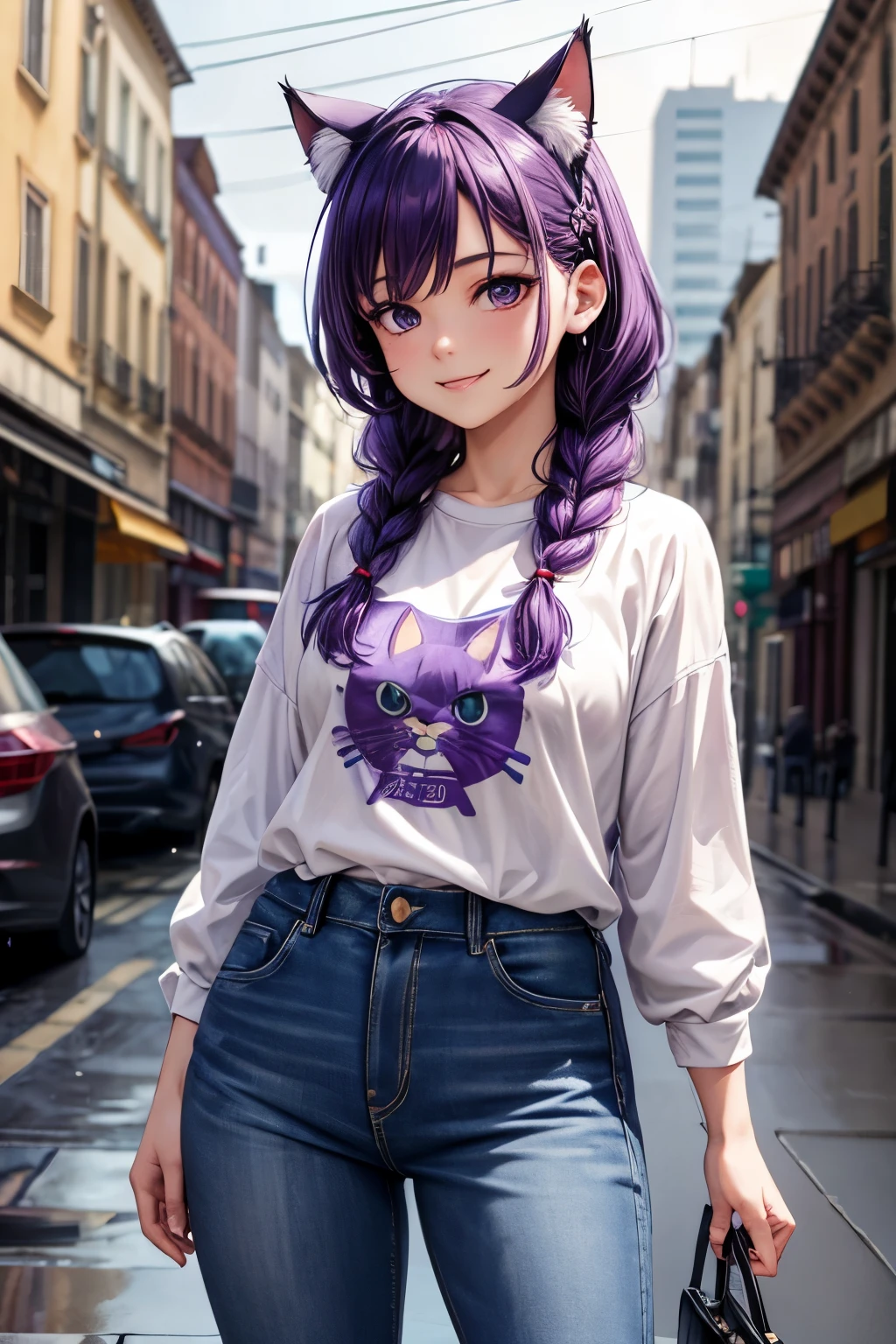 Top quality, high resolution, perfect human structure, background focus, front view, purple hair, smile, cat ears, french braid, crazy eyes, shirt, jeans, rain