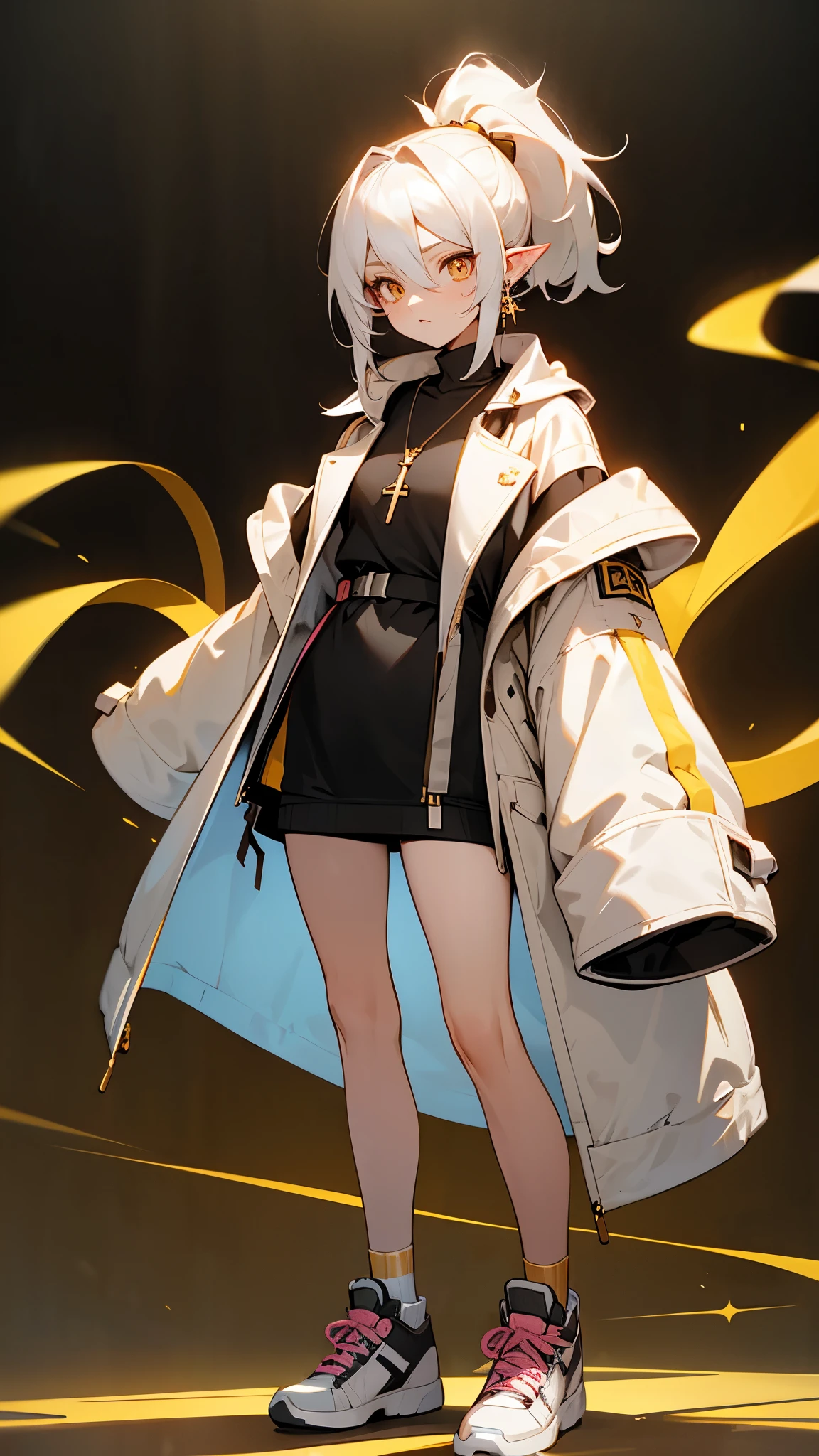 white hair,Golden pupils,High Ponytail,Pointed ears,Dark eyeshadow,Beige coat,Black chest strap,Cross necklace,There are bandages and scars on it,The lower body is a sportswear wrapped around the waist,Short skirt,White,One long and one empty,Leg ring,Pink sneakers,stand up,Cross your arms in front of your chest,Royal sisters,High,Full figure