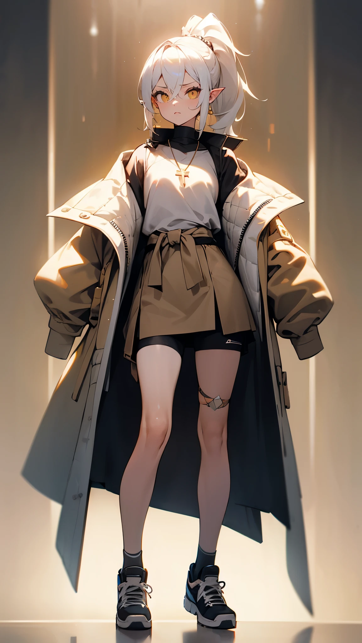 white hair,Golden pupils,High Ponytail,Pointed ears,Dark eyeshadow,Beige coat,Black chest strap,Cross necklace,There are bandages and scars on it,The lower body is a sportswear wrapped around the waist,Short skirt,White,One long and one empty,Leg ring,Pink sneakers,stand up,Cross your arms in front of your chest,Royal sisters,High,Full figure