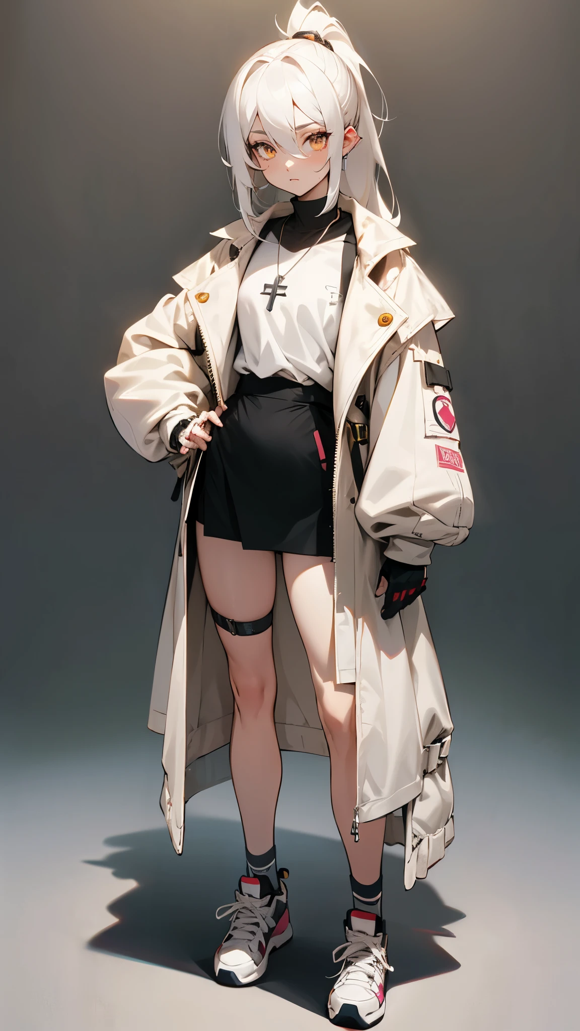 white hair,Golden pupils,High Ponytail,Pointed ears,Dark eyeshadow,Beige coat,Black chest strap,Cross necklace,There are bandages and scars on it,The lower body is a sportswear wrapped around the waist,Short skirt,White,One long and one empty,Leg ring,Pink sneakers，stand up，Cross your arms in front of your chest，Royal sisters，High，Full figure