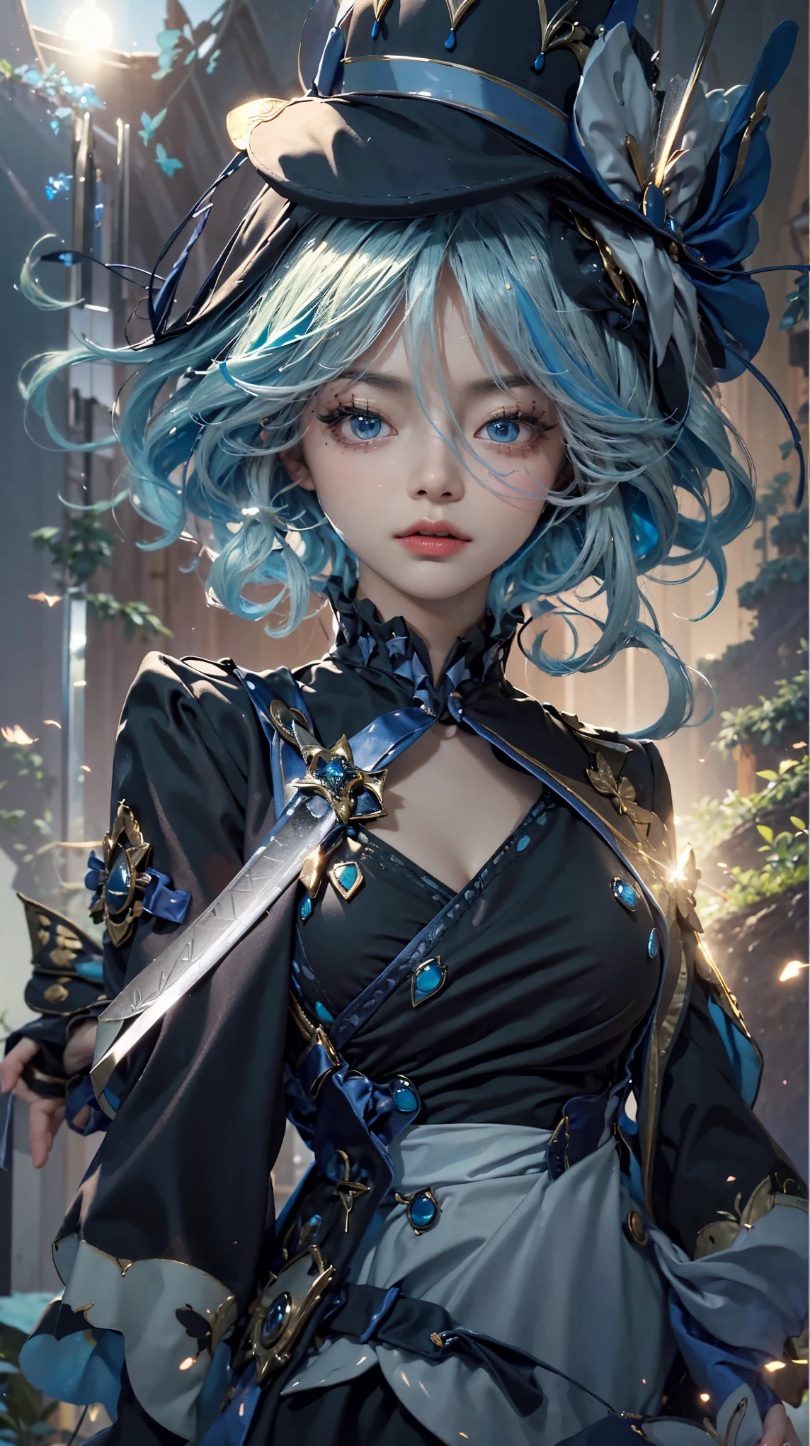 Masterpiece – Masterpiece ○○ Quality – ○○ Quality Best Quality(best quality) , high quality(high quality)　etc. ○○ Detailed – ○○ Detailed Very detailed(Ultra-fine ) , Very detailed(Very detailed) , Meticulous attention to detail(Fine-grained)　Equal ○○ resolution – ○○ resolution Ultra high resolution(超High resolution) , Very high resolution(High resolution)　Wait Reality – Reality Photos Real – Photos Real Beautiful – Beautiful 4k , 8K , 16K – 4K image quality , 8K , 16k different – obviously the best aesthetic – the supreme aesthetic ，Marie Antoinette，Versailles，UE，1 person，hairstyle 、((((Pose with royal sword))))、(((Cool looking face )))、(((sweaty skin))) blUE hairstyles, full blUE dress, Current breast, Paris city background