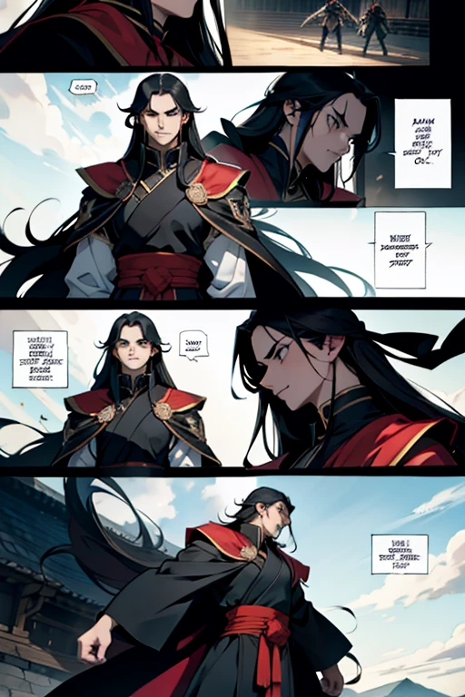 Evil Emperor with long black hair, fighting, full body shots, manga page with panels and dialogue