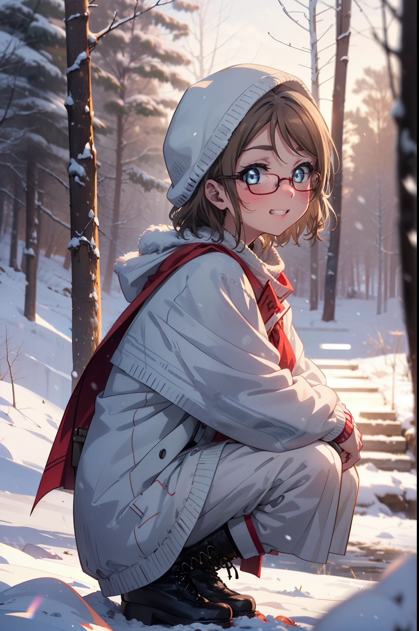 Yo Watanabe, Yu Watanabe, short hair, blue eyes, Brown Hair, smile, Grin,Medium Breast,Black-rimmed glasses,
Open your mouth,snow,Ground bonfire, Outdoor, boots, snowing, From the side, wood, suitcase, Cape, Blurred, having meal, forest, White handbag, nature,  Squat, Mouth closed, Cape, winter, Written boundary depth, Black shoes, red Cape break looking at viewer, Upper Body, whole body, break Outdoor, forest, nature, break (masterpiece:1.2), highest quality, High resolution, unity 8k wallpaper, (shape:0.8), (Beautiful and beautiful eyes:1.6), Highly detailed face, Perfect lighting, Extremely detailed CG, (Perfect hands, Perfect Anatomy),