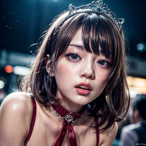 masterpiece of professional Analog photo, realistic and photorealistic with touch of rawness, (a close-up portrait of a tiny princess wearing thongs on a city street), Dusk violet Sky, intricate lighting effects with light particles, (many colorful lights dazzling bokeh), Traffic lights, a crowd of fashionable street girls in the background, { Childish | Gigantic Cleavage }, (((NOGIZAKA))) Extremely Detailed very KAWAII face variation, perfect anatomy, captivating gaze, elaborate detailed Eyes with (sparkling highlights:1.2), long eyelashes、Glossy RED Lips with beautiful details, Coquettish tongue, Rosy cheeks . (Dynamic joyful expressions), { pleasure in agony | Ecstasy | :D | screaming | Perplexed }, Mystic sight . hair and eye color is same color, { Red leather high collar | Red ribbon }, from diagonally angle. short bob, Tiny princess tiara .
