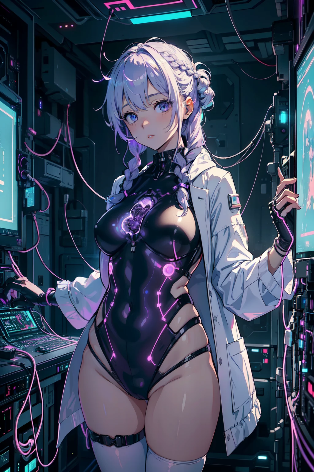 highest quality, 8k, High resolutionアート, High resolution, Super detailed, Very detailed, Cyberspace、(Elder Scientist、20th century style、Wearing a white coat)、(A girl inside a transparent artificial womb、Floating in amniotic fluid、Natural standing posture)、(Numerous digital wires connect the girl from the uterus、Glowing Wiring、Wiring is as follows:々It emits a variety of colors.)、(Open your eyes slightly、How I woke up)、(Purple white gradient twin long braided hair:1.2),Cyber Costume, Sci-Fi Costumes 、((An old scientist on a giant monitor screen))、