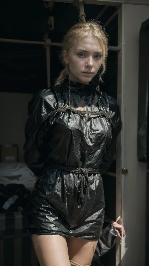 a stunningly beautiful blond women wearing a makeshift protection suit made of black plastic garbage bags, tightly tied up with rope like a helpless human package, hands tied behind back, wrapped with rope, hanging inside wardrobe, bright day, close-up, professional photo