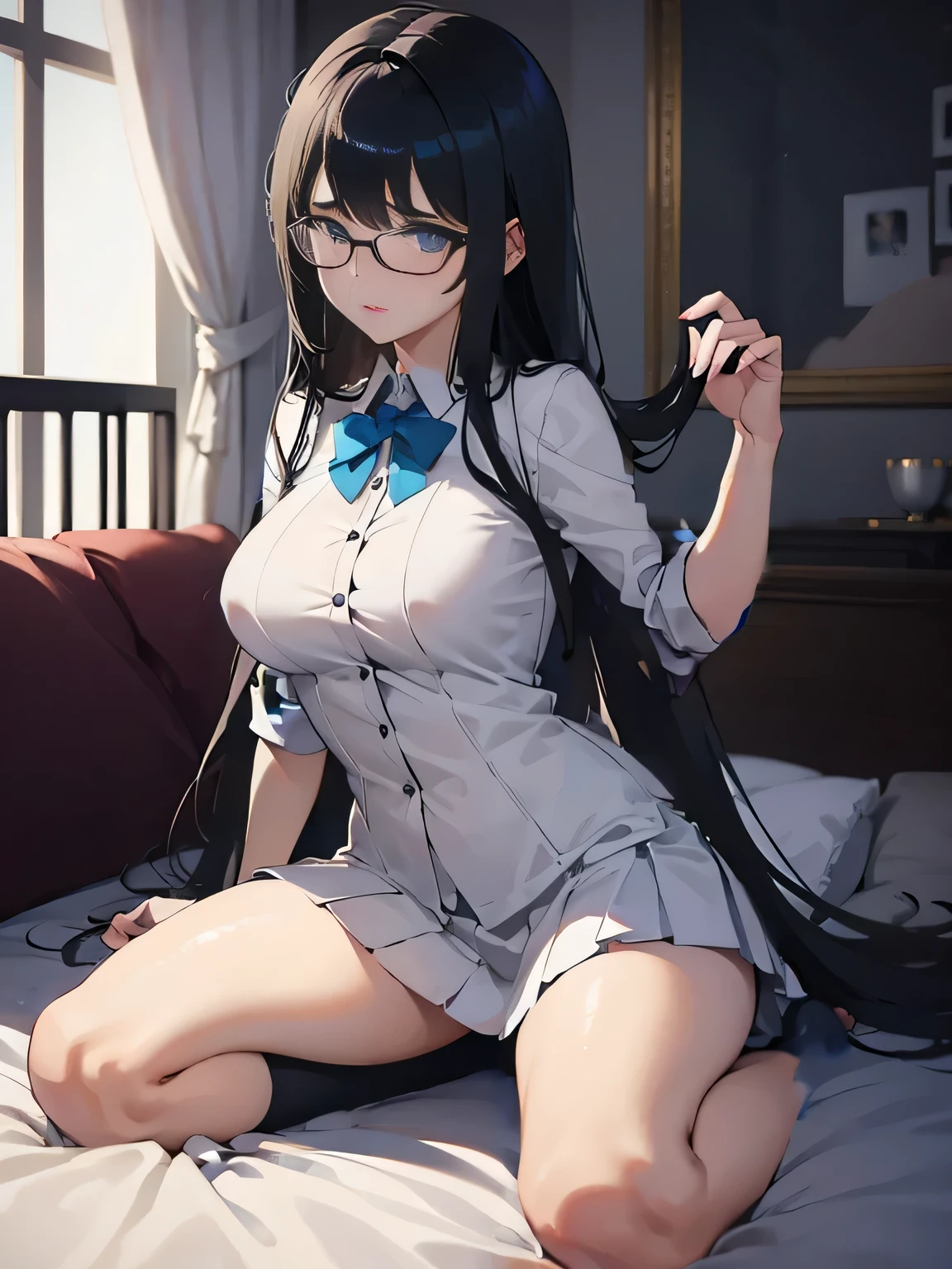 (1girl:1.3), Masterpiece, Best quality, amazing beauty, [[3D]], 4K, absurdres, finely detail, super detailed eye, perfect anatomy, official art, cinematic lighting, BREAK, bedroom, silky medium long hair, black hair, super shiny detailed blue eyes, Staring Intently, full lips, embarrassed, BREAK , big breasts, , medium, pale skin, sitting bed in bedroom, full body, BREAK , (school uniform:1.2), BREAK,(Glasses)