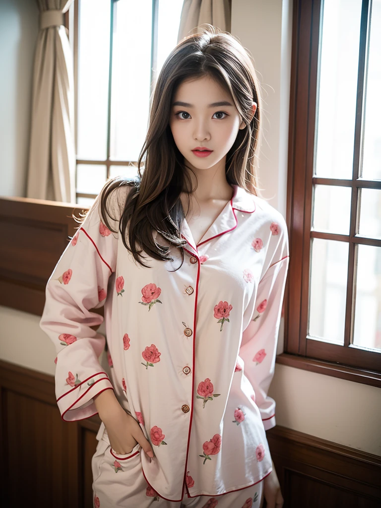 1female (20 years old), long hair, brown hair, blue eyes, pajamas, pink pajamas, standing in front of the window, looking downstairs.