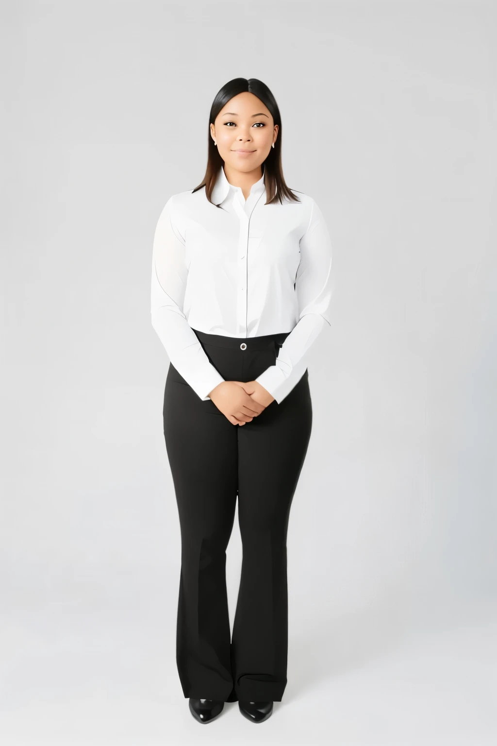a plus size African woman in a white short shirt and black pants smiling posing for a picture, full body photograph, full body photograph, portrait full body, frontal pose, full body picture, full-body-shot, centered full body shot, full - body - front - shot, full body and head shot, full body photogenic shot, mid body portrait, full body portrait shot