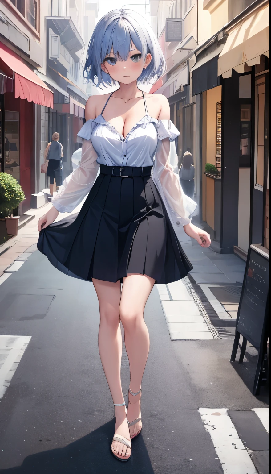 One Girl、Star Town Suisei、positive、Standing posture、Full body portrait、B、Medium Haircut、blush、Absolute area、No panties、No bra、barefoot、Light blue dress、Off-the-shoulder dress、（Very large breasts）、Cleavage、((Lesbians around the world))、masterpiece、（highest quality）、、White heel sandals、Shirt buttons fly off、Unbutton your shirt、Exposing the breasts、Shopping Street、Skirt Front Lift
