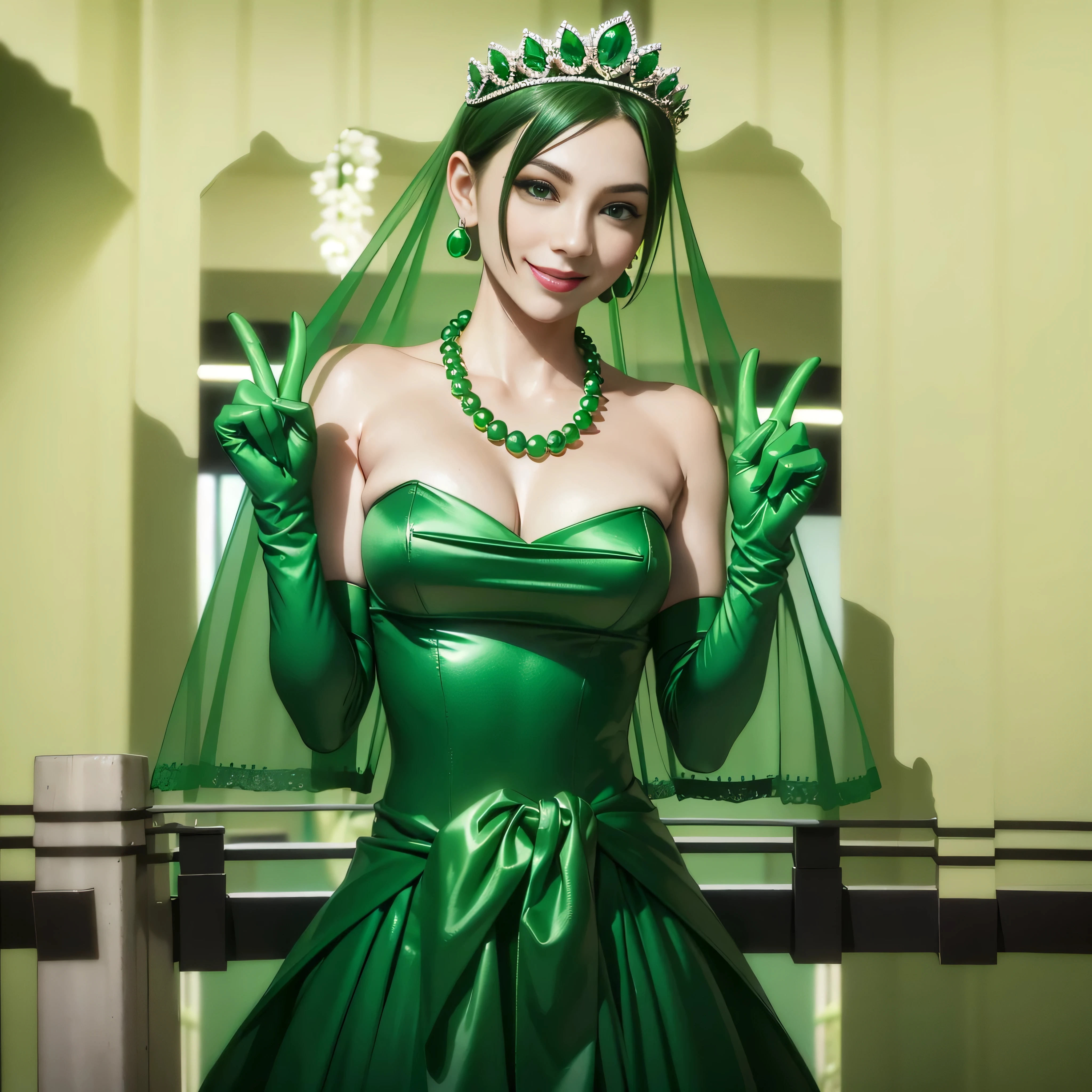 Emerald tiara, Green Pearl Necklace, Boyish very short green hair, lipstick, Smiling Japan woman in her 30s, Very short hair, Big and beautiful, Green Eyes, Long green satin gloves, Big Breasts, V sign, Emerald Earrings, Green veil