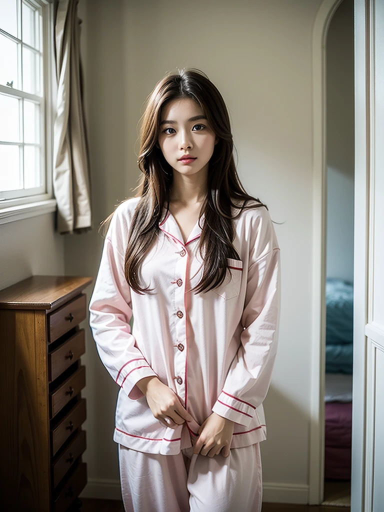 1female (20 years old), long hair, brown hair, blue eyes, pajamas, pink pajamas, standing in front of the window, looking downstairs.