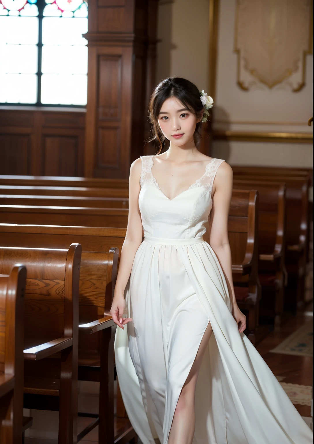 Beautiful 25 year old skinny woman。She is wearing a summer wedding dress. She is walking and her legs crossed and one leg is visible. She is shying and smiling in the church. She is illuminated by sunset. the evening church lights is on . her black hair. High resolution、masterpiece、highest quality、頭w:1.0、((Hasselblad Photos))、fine skin、(movie lighting)、clavicle . Her full body picture.