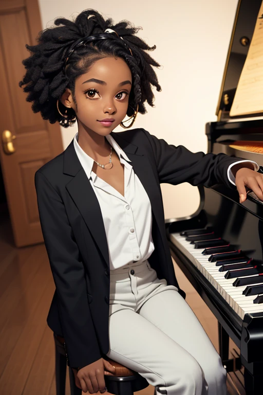 (masterpiece, best quality), deep ebony 1girl, beautiful face, short Afro braids , cute, , beautify, Lofi vibe,, cute night vibe, concentrated, hands outside of the picture, music studio, piano on the background, , dressed smartly black blazer, white shirt , white trousers , cute look, clothing is dry and baggy, small breasts, teen vibe, jogging, cute smile, sitting ext to the piano