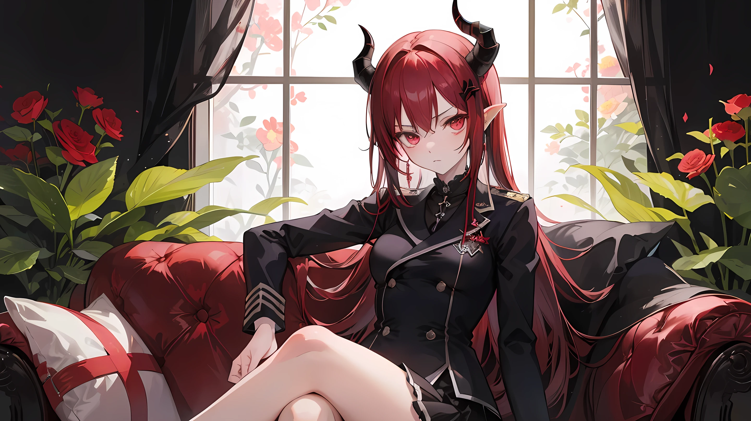 Inside the flower garden, there is a   with dark red hair, she has horns, she is an envious demon, she is sin of envy, and have blood in her uniform, she sitting around flower of death, she is demon of envy, she wear white 