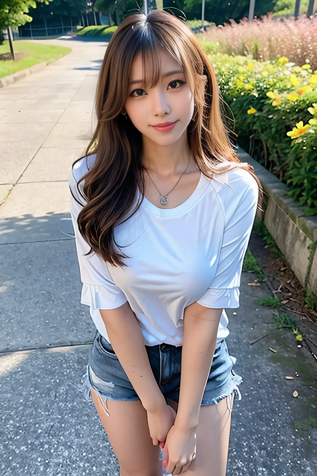 ((Full Body Angle))、((highest quality, 8K, masterpiece: 1.3)), concentrated: 1.2, Cute girl 1,Nipples erect、 Perfect beauty: 1.4,Cut and sewn T-shirt Raglan sleeve summer short sleeve T-shirt.Shorts: 1.2,Long sleeve、Randall Color、comics＆Text Graphics、Black ruffle-trimmed drawstring zip blouse,1.1, Highly detailed face and skin textures, Fine grain, double eyelid, whitening skin, ,highest quality,Ultra-high resolution,you,1 girl,alone,_Shiny_skin,Iris,necklace,((Brown_length_Wavy_hair)),(lips)),eyelash,Front hair,deal with,compensate,Shiny,pore,skin texture,Large Breasts、smiling face、River side、stroll、
