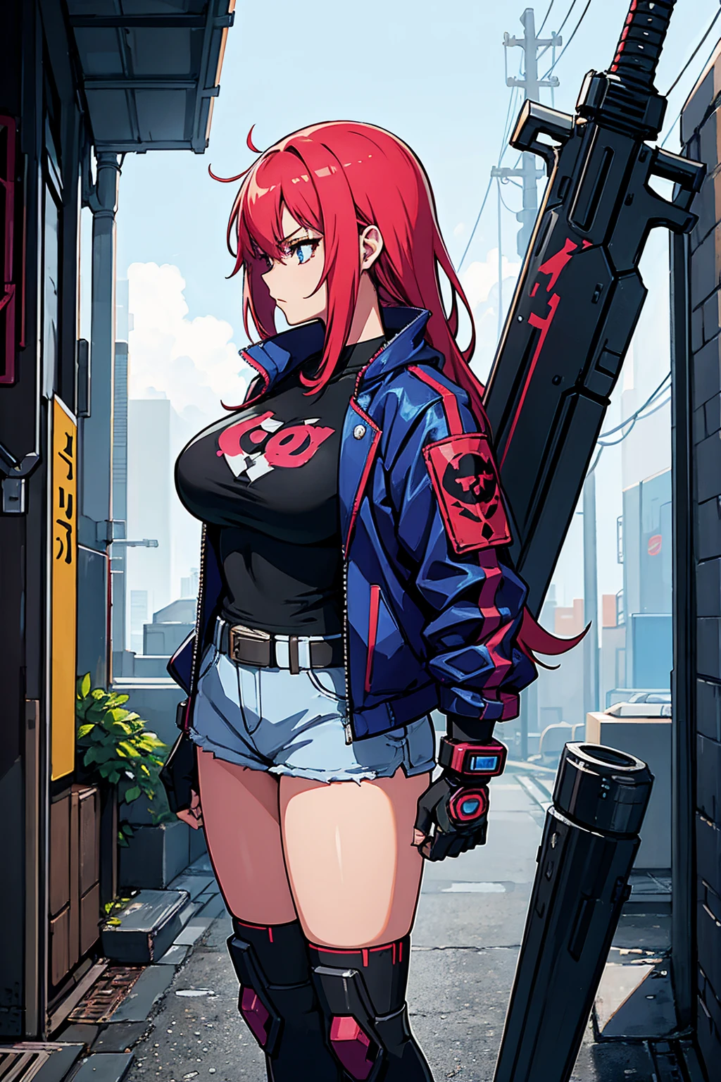 a girl Wearing a power fist on the right hand Holding a cyberpunk sword in his right hand red blue punk head big breasts cyberpunk shirt jacket Standing alone in a corner of the sci-fi city Japanese anime style role conception 