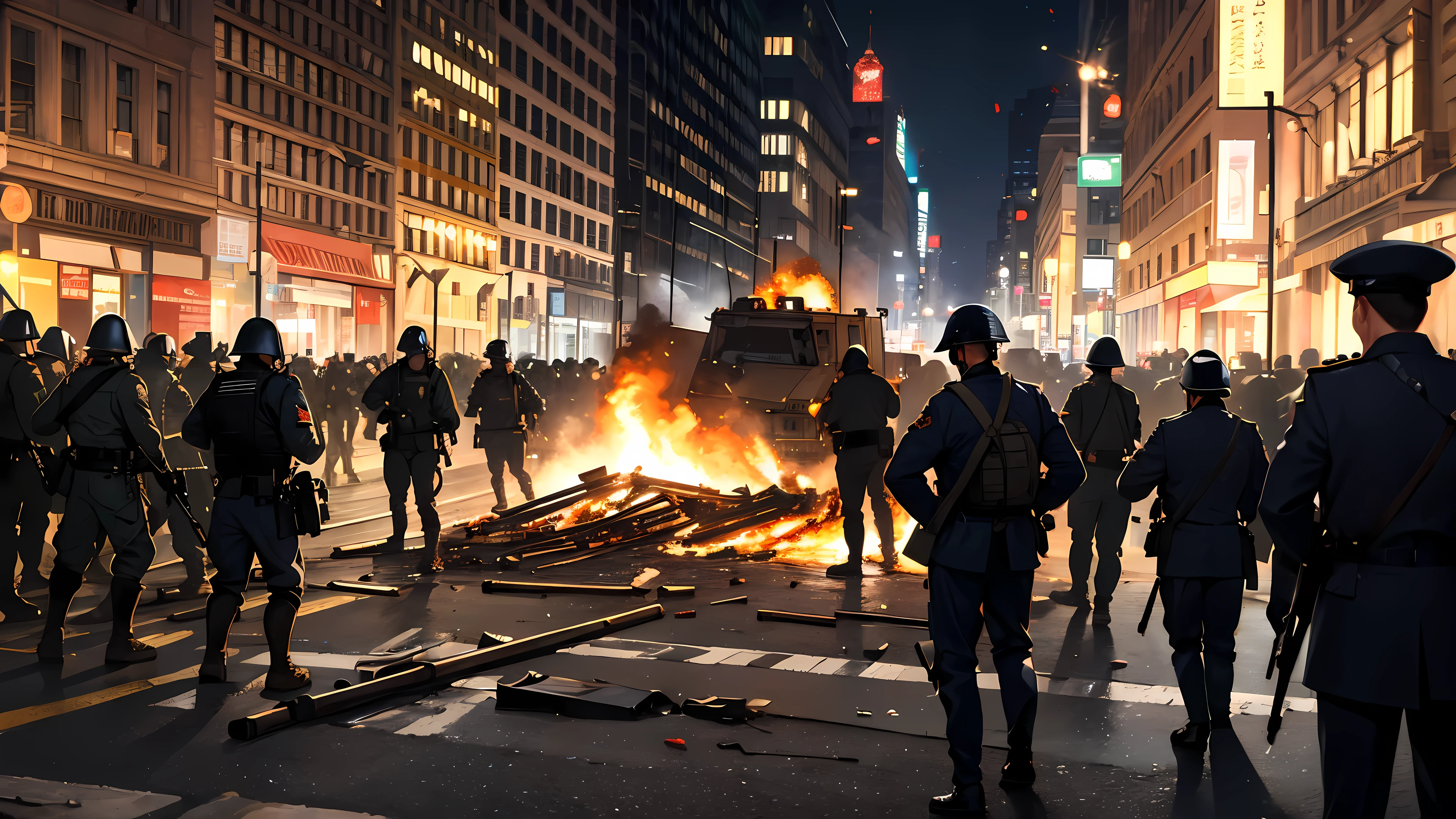 Chaotic streets,A group of military police lined up,Military police holding batons,Burning streets,The crowd scattered,Street in the early 20th century,There is debris on the ground,World War II