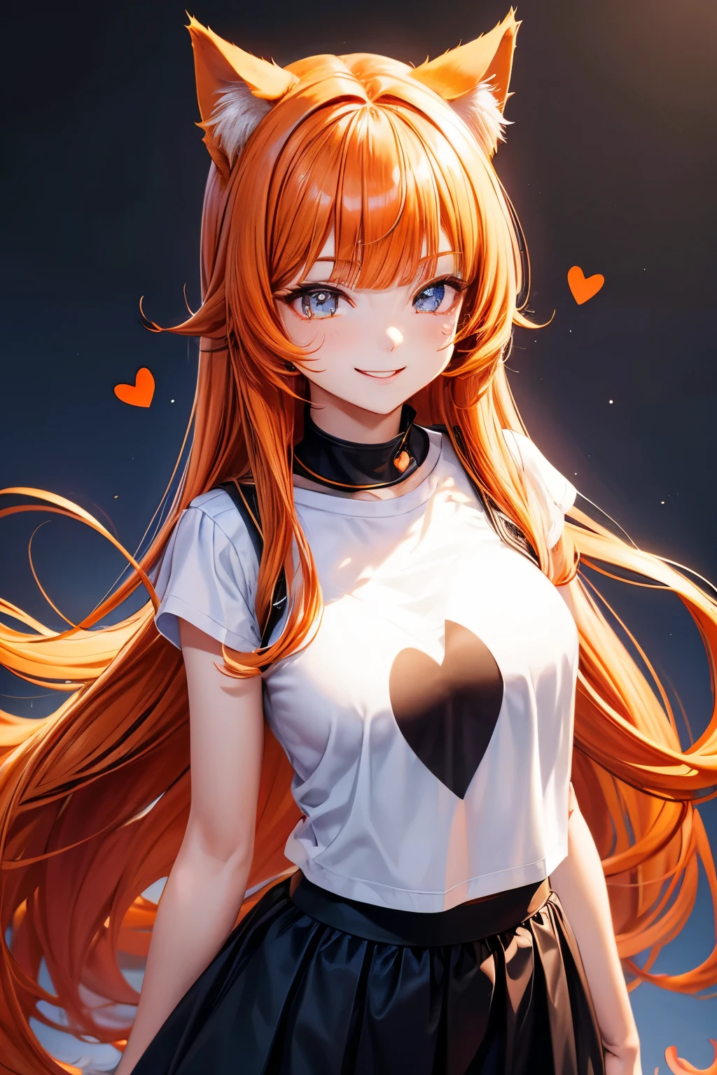Top quality, high resolution, perfect human structure, background focus, front view, orange hair, shiny hair, cat ears, smiling heart shaped pupils, blunt bangs, wavy hair, shiny hair, evil smile, gradient eyes, t-shirt, skirt morning