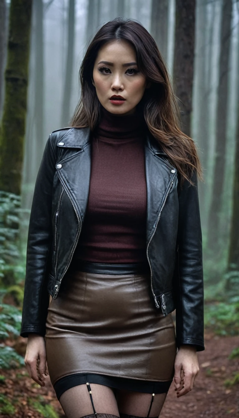 8k, ultra-detailed, grainy film photo, masterpiece,muted colors, muffled light, dusk, rainy, moody, noir, woman in forest, sluttly, detailed stockings, brown turtleneck, pencil skirt, faded leather jacket, beautiful long brunette hair, depraved, asian:0.5, fetishistic makeup, 5fingers, beige, brown, red