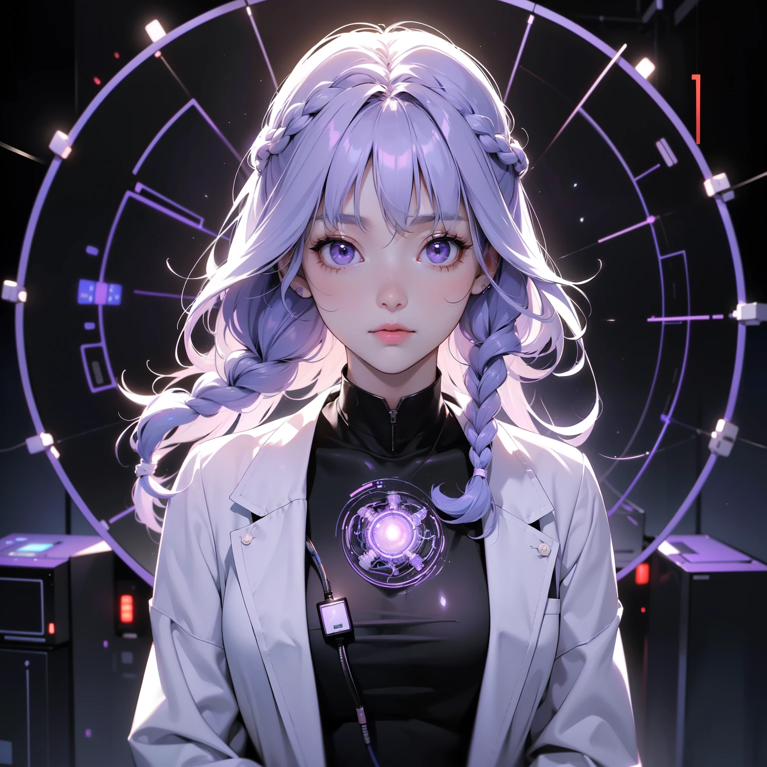 highest quality, 8k, High resolutionアート, High resolution, Super detailed, Very detailed, Cyberspace、((Elder Scientistと少女))、(Elder Scientist、20th century style、Wearing a white coat)、(A girl inside a transparent artificial womb、Floating in amniotic fluid、Natural standing posture)、(Numerous digital wires connect the girl from the uterus、Glowing Wiring、Wiring is as follows:々It emits a variety of colors.)、(Open your eyes slightly、How I woke up)、(Purple white gradient twin long braided hair:1.2),Cyber Costume, Sci-Fi Costumes 、((An old scientist on a giant monitor screen))、