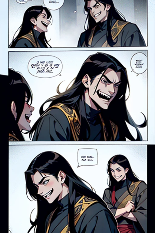 Evil Emperor guy with long black hair, laughing, manga page with panels and dialogue