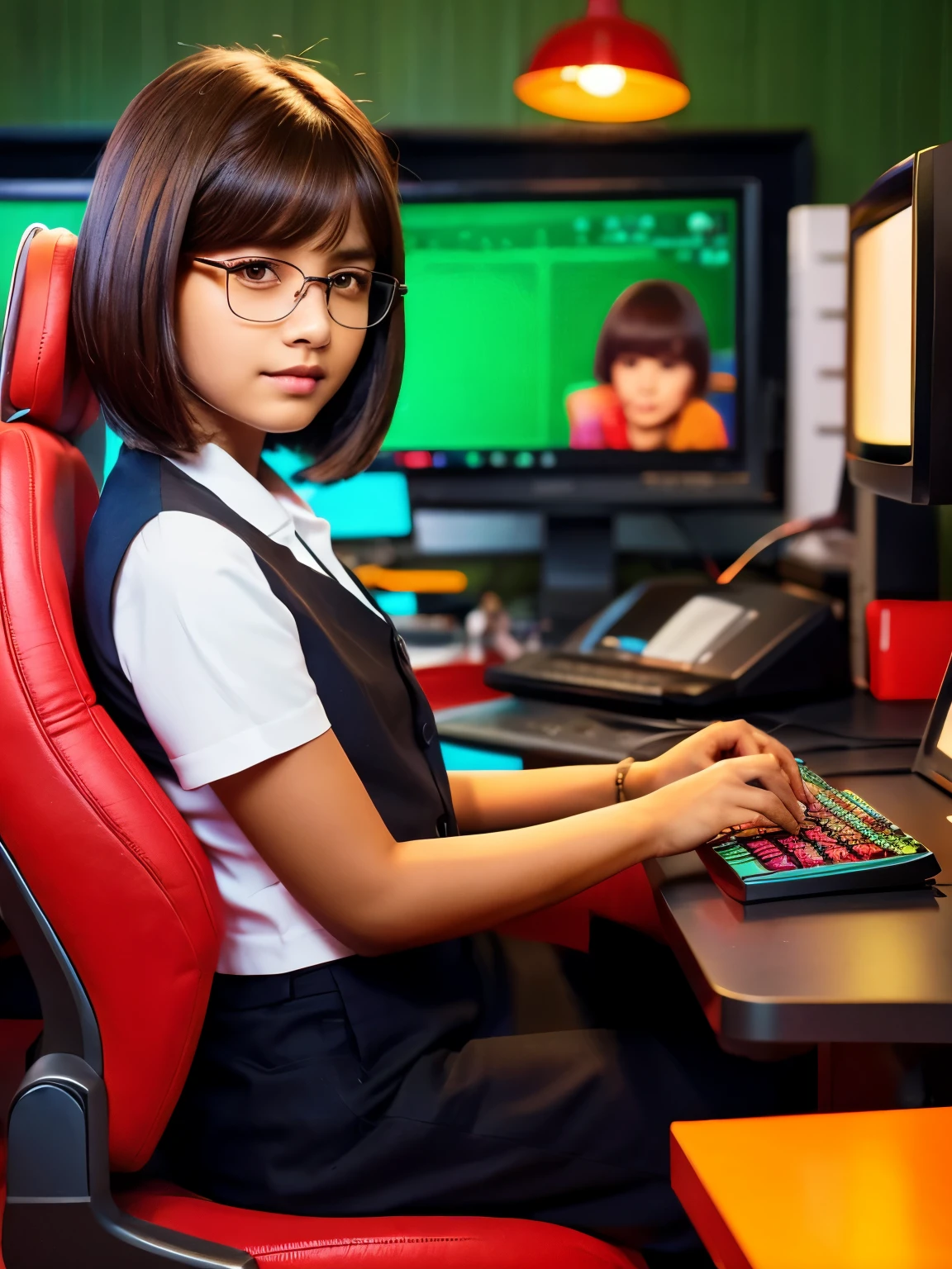 girl with short-coffee brown dark-hair-mullet haircut- no bangs-super detailed, black-glossy-long hieghted-specs,fair skin tone,photoshop and illutrator workspace in background, red color background, realistic,super detailed,cute,sitting on red chair-closeup-working on computer,strokes-sqaures-lines in bachground-front view, bloack color outfit. facing camera, red and blue lights in background-dark-focus on girl-modern indian-fair toned-cute-gamer.-closeup