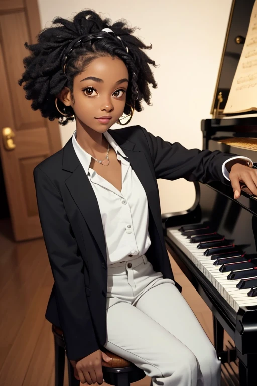 (masterpiece, best quality), deep ebony 1girl, beautiful face, short Afro braids , cute, , beautify, Lofi vibe,, cute night vibe, concentrated, hands outside of the picture, music studio, piano on the background, , dressed smartly black blazer, white shirt , white trousers , cute look, clothing is dry and baggy, small breasts, teen vibe, jogging, cute smile, sitting next to the piano