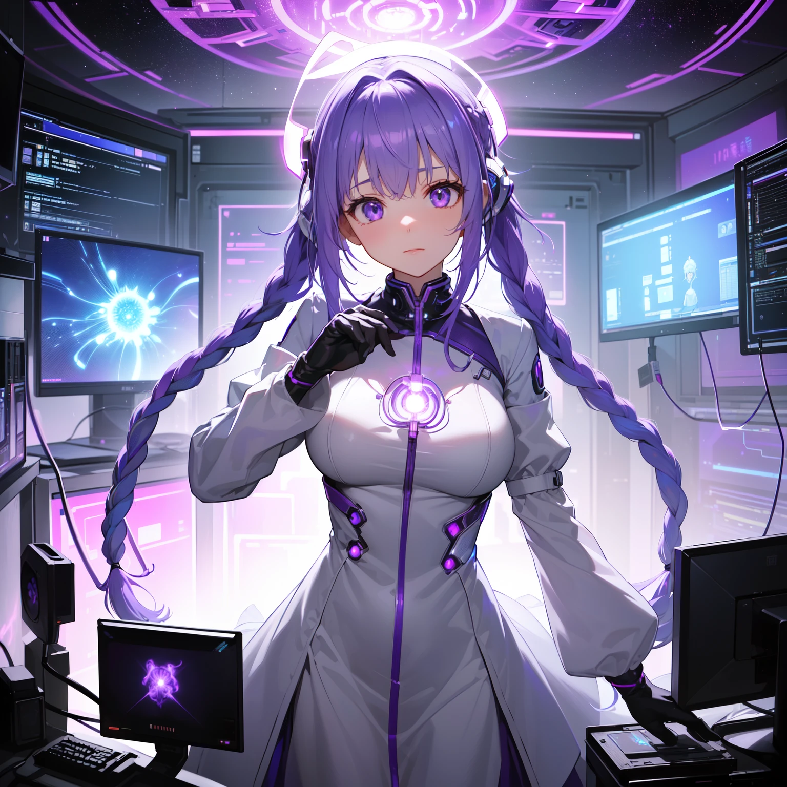 highest quality, 8k, High resolutionアート, High resolution, Super detailed, Very detailed, Cyberspace、((Elder Scientistと少女))、(Elder Scientist、20th century style、Wearing a white coat)、(A girl inside a transparent artificial womb、Floating in amniotic fluid、Natural standing posture)、(Numerous digital wires connect the girl from the uterus、Glowing Wiring、Wiring is as follows:々It emits a variety of colors.)、(Open your eyes slightly、How I woke up)、(Purple white gradient twin long braided hair:1.2),Cyber Costume, Sci-Fi Costumes 、((An old scientist on a giant monitor screen))、