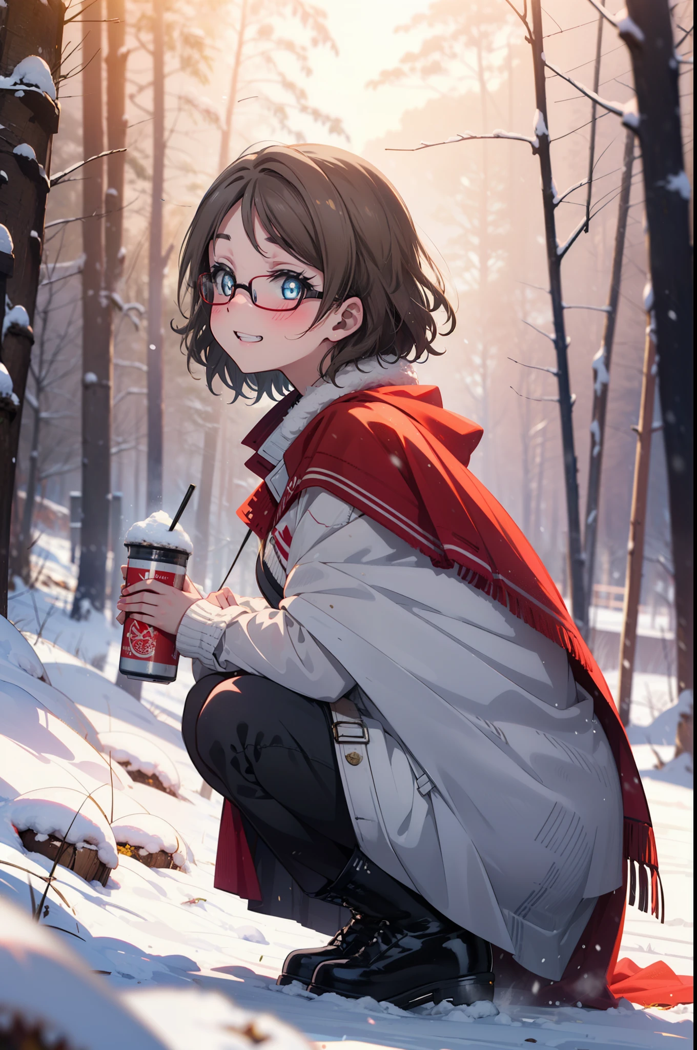 Yo Watanabe, Yu Watanabe, short hair, blue eyes, Brown Hair, smile, Grin,Medium Breast,Black-rimmed glasses,
Open your mouth,snow,Ground bonfire, Outdoor, boots, snowing, From the side, wood, suitcase, Cape, Blurred, having meal, forest, White handbag, nature,  Squat, Mouth closed, Cape, winter, Written boundary depth, Black shoes, red Cape break looking at viewer, Upper Body, whole body, break Outdoor, forest, nature, break (masterpiece:1.2), highest quality, High resolution, unity 8k wallpaper, (shape:0.8), (Beautiful and beautiful eyes:1.6), Highly detailed face, Perfect lighting, Extremely detailed CG, (Perfect hands, Perfect Anatomy),