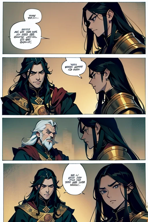 Evil Emperor guy with long black hair, talking to elders, manga page with panels and dialogue