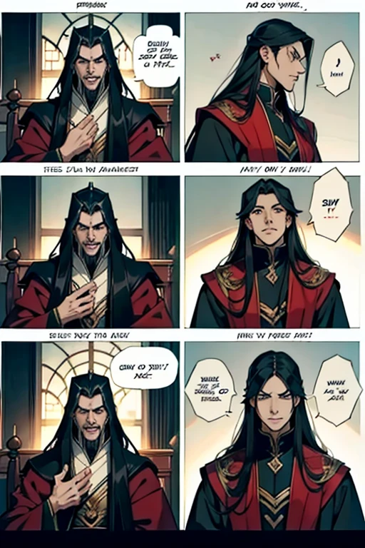 Evil Emperor guy with long black hair, talking to elders, manga page with panels and dialogue