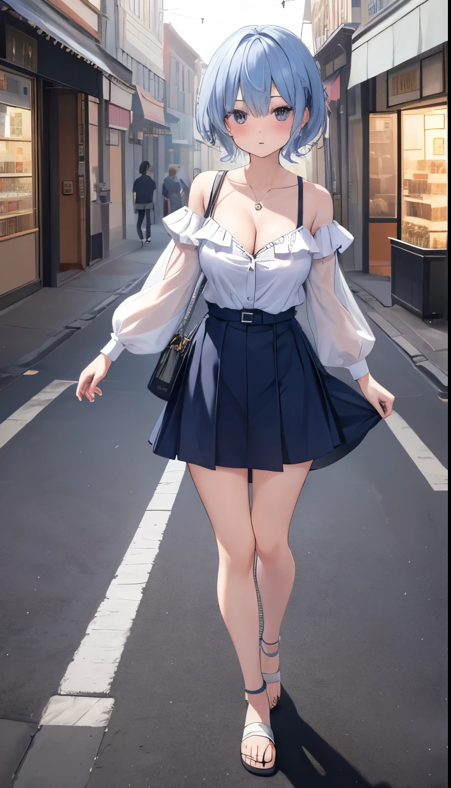 One Girl、Star Town Suisei、positive、Standing posture、Full body portrait、、blush、Absolute area、No panties、No bra、barefoot、Light blue dress、Off-the-shoulder dress、（Very large breasts）、Cleavage、((Lesbians around the world))、masterpiece、（highest quality）、、White heel sandals、Shirt buttons fly off、Unbutton your shirt、Exposing the breasts、Shopping Street、Skirt Front Lift