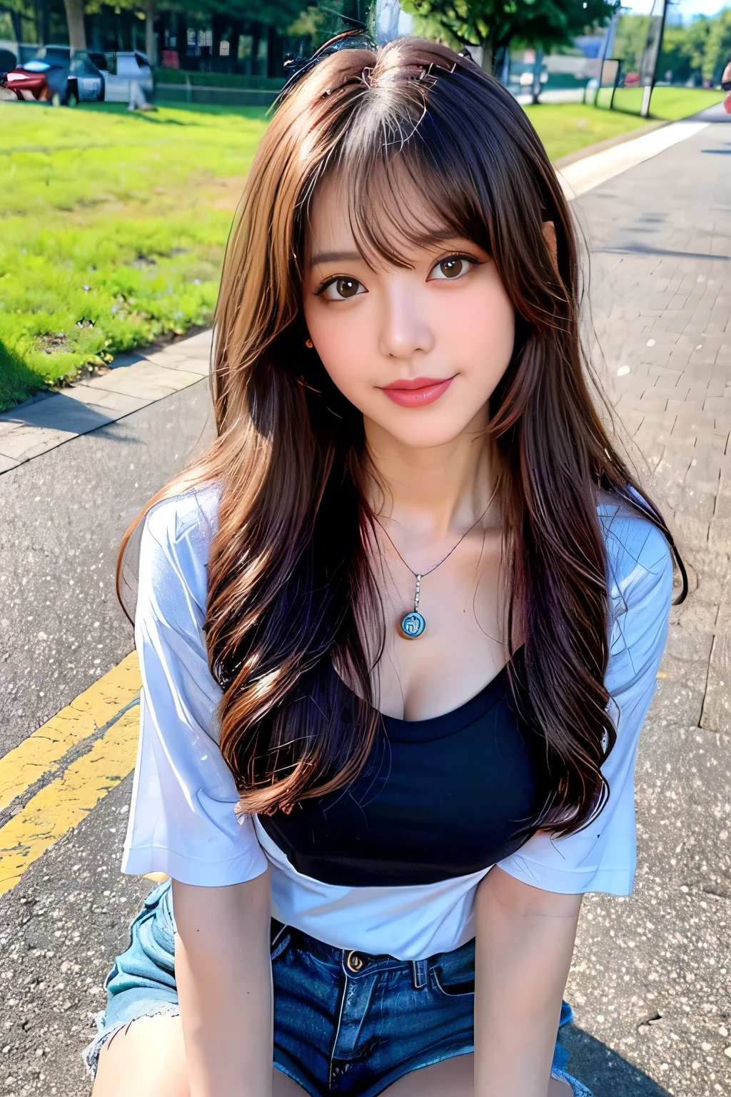 ((Full Body Angle))、((highest quality, 8K, masterpiece: 1.3)), concentrated: 1.2, Cute girl 1,Nipples erect、 Perfect beauty: 1.4,Cut and sewn T-shirt Raglan sleeve summer short sleeve T-shirt.Shorts: 1.2,Long sleeve、Randall Color、comics&Text Graphics、Black ruffle-trimmed drawstring zip blouse,1.1, Highly detailed face and skin textures, Fine grain, double eyelid, whitening skin, ,highest quality,Ultra-high resolution,you,1 girl,alone,_Shiny_skin,Iris,necklace,((Brown_length_Wavy_hair)),(lips)),eyelash,Front hair,deal with,compensate,Shiny,pore,skin texture,Large Breasts、smiling face、River side、stroll、