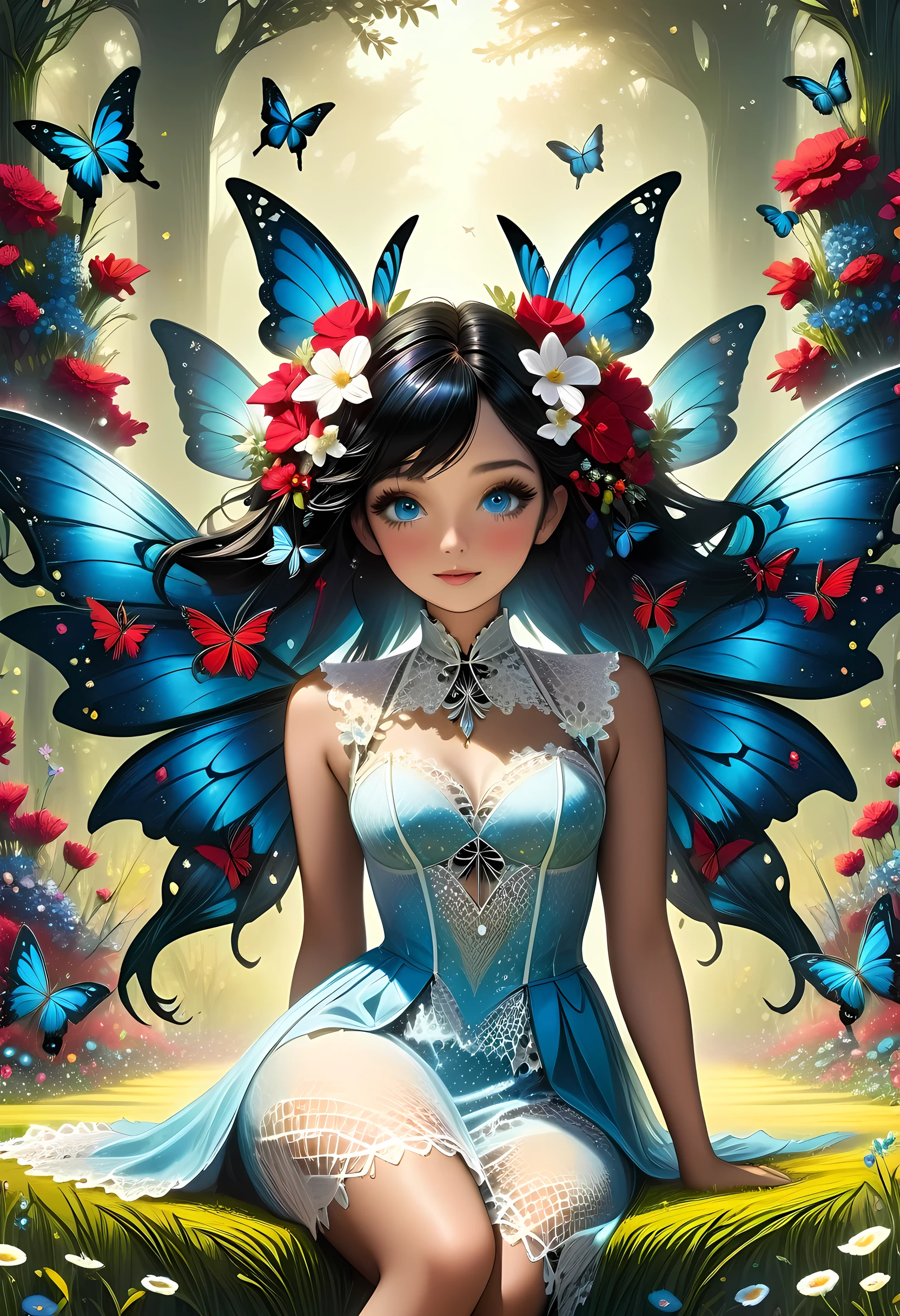 high details, best quality, 16k, RAW, [best detailed], masterpiece, best quality, (extremely detailed), full body, ultra wide shot, photorealistic, dark fantasy art, goth art, RPG art, D&D art, a picture of a dark female fairy resting in a flower meadow, extremely beautiful fairy, ultra feminine (intense details, Masterpiece, best quality), best detailed face (intense details, Masterpiece, best quality), having wide butterfly wings, spread butterfly wings (intense details, Masterpiece, best quality), dark colors wings (intense details, Masterpiece, best quality), black hair, long hair, shinning hair, flowing hair, shy smile, innocent smile, blue eyes, dark red lips, wearing ((white: 1.5)) lace dress (intense details, Masterpiece, best quality), (lace: 1.5) corset (intense details, Masterpiece, best quality), dynamic elegant shirt, chocker, wearing high heels, in dark colored flower meadow (intense details, Masterpiece, best quality), (red flowers: 1.2) , (black flowers: 1.2), (white flowers: 1.2), (blue flowers: 1.3) [extreme many flowers] (intense details, Masterpiece, best quality), dark colorful flowers (intense details, Masterpiece, best quality), flower meadow in a dark goth field background, dim light, cinematic light, High Detail, Ultra High Quality, High Resolution, 16K Resolution, Ultra HD Pictures, 3D rendering Ultra Realistic, Clear Details, Realistic Detail, Ultra High Definition, lace drawing, betmd, DonMF41ryW1ng5XL
