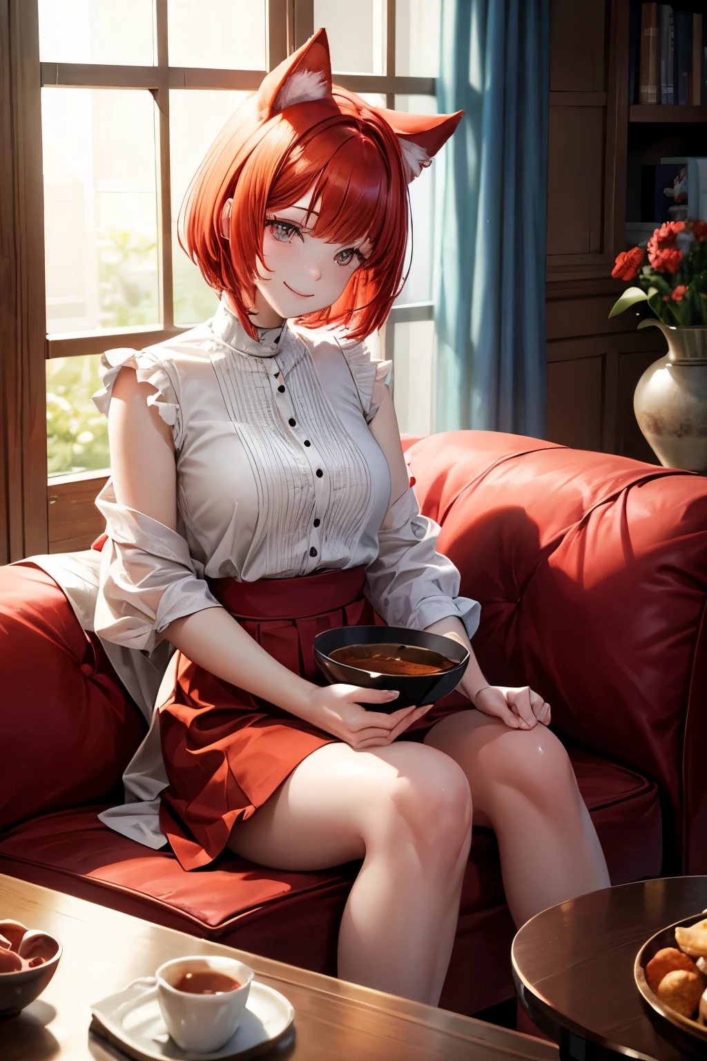 Top quality, high resolution, perfect human anatomy, background focus, front view, glowing hair, red hair, bowl cut hair, cat ears, happy smile, sitting upright, living room, heart-shaped eyes