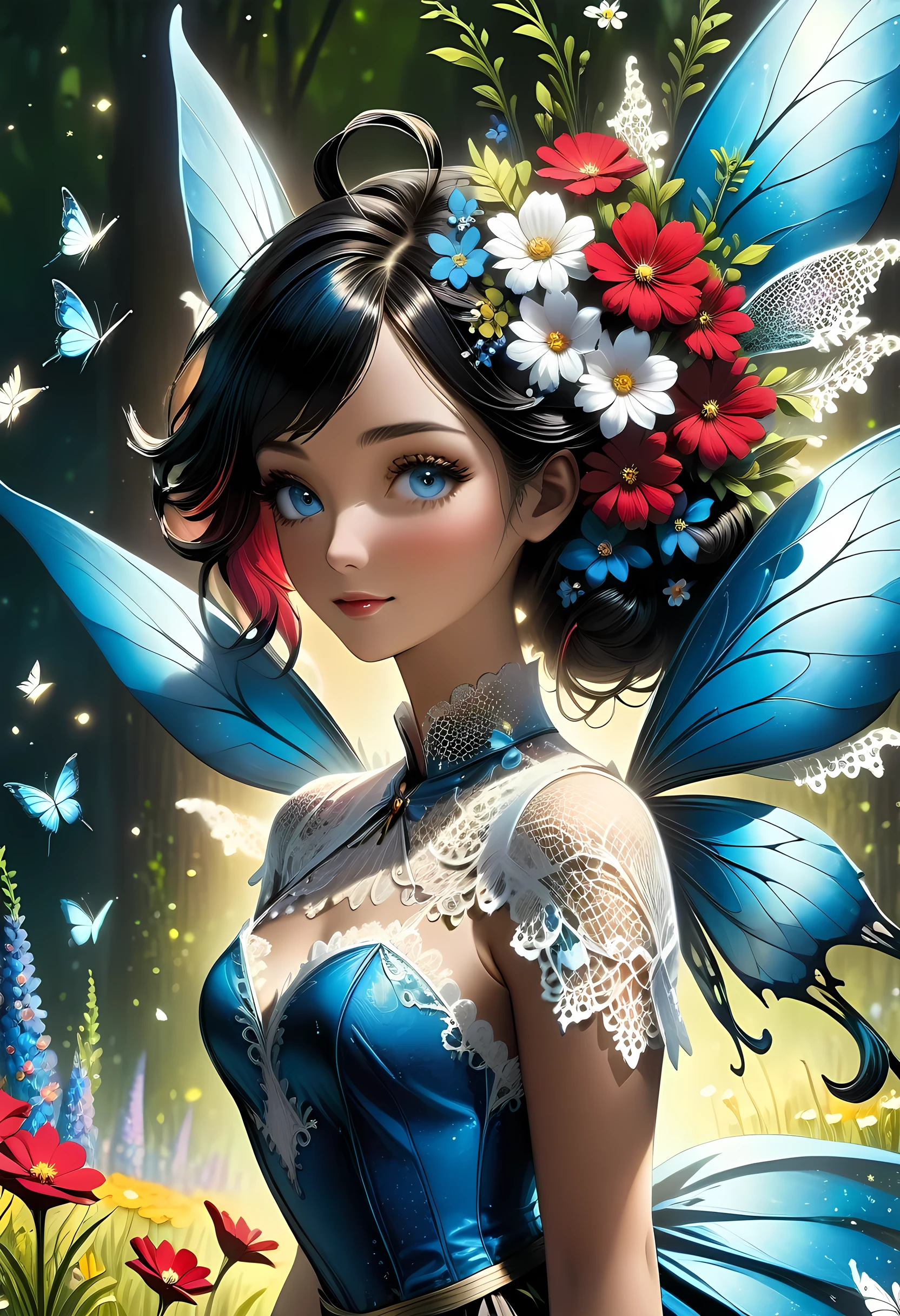 high details, best quality, 16k, RAW, [best detailed], masterpiece, best quality, (extremely detailed), full body, ultra wide shot, photorealistic, dark fantasy art, goth art, RPG art, D&D art, a picture of a dark female fairy resting in a flower meadow, extremely beautiful fairy, ultra feminine (intense details, Masterpiece, best quality), best detailed face (intense details, Masterpiece, best quality), having wide butterfly wings, spread butterfly wings (intense details, Masterpiece, best quality), dark colors wings (intense details, Masterpiece, best quality), black hair, long hair, shinning hair, flowing hair, shy smile, innocent smile, blue eyes, dark red lips, wearing ((white: 1.5)) lace dress (intense details, Masterpiece, best quality), (lace: 1.5) corset (intense details, Masterpiece, best quality), dynamic elegant shirt, chocker, wearing high heels, in dark colored flower meadow (intense details, Masterpiece, best quality), (red flowers: 1.2) , (black flowers: 1.2), (white flowers: 1.2), (blue flowers: 1.3) [extreme many flowers] (intense details, Masterpiece, best quality), dark colorful flowers (intense details, Masterpiece, best quality), flower meadow in a dark goth field background, dim light, cinematic light, High Detail, Ultra High Quality, High Resolution, 16K Resolution, Ultra HD Pictures, 3D rendering Ultra Realistic, Clear Details, Realistic Detail, Ultra High Definition, lace drawing, betmd, DonMF41ryW1ng5XL
