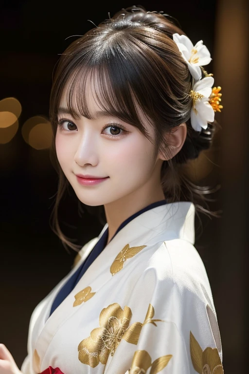 （Formal kimono and obi tying）、masterpiece、beautiful girl、Beautiful detailed eyes、highest quality, 超A high resolution, (reality: 1.3), Cinema Lighting、(Japanese Girls)、so beautiful、Beautiful Skin、(Looking at the audience)、(Surreal)、(High resolution)、(8k)、(Very detailed)、(Beautiful fine details)、(Very detailed)、 (wallpaper)、Detailed face、Bright lighting、Professional Lighting、Smile