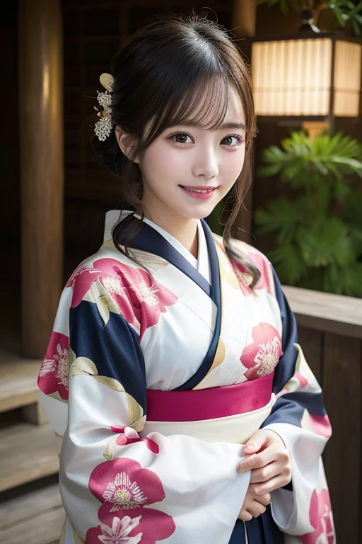 （Formal kimono and obi tying）、masterpiece、beautiful girl、Beautiful detailed eyes、highest quality, 超A high resolution, (reality: 1.3), Cinema Lighting、(Japanese Girls)、so beautiful、Beautiful Skin、(Looking at the audience)、(Surreal)、(High resolution)、(8k)、(Very detailed)、(Beautiful fine details)、(Very detailed)、 (wallpaper)、Detailed face、Bright lighting、Professional Lighting、Smile