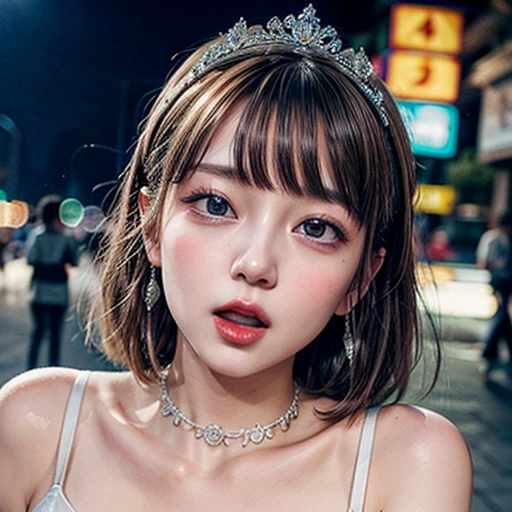 masterpiece of professional Analog photo, realistic and photorealistic with touch of rawness, (a close-up portrait of a tiny princess wearing white thongs on a city street), Dusk violet Sky, intricate lighting effects with light particles, (many colorful lights dazzling bokeh), Traffic lights, a crowd of fashionable street girls in the background, { Childish | Gigantic Cleavage }, (((NOGIZAKA))) Extremely Detailed very KAWAII face variation, perfect anatomy, captivating gaze, elaborate detailed Eyes with (sparkling highlights:1.2), long eyelashes、Glossy RED Lips with beautiful details, Coquettish tongue, Rosy cheeks . (Dynamic joyful expressions), { pleasure in agony | Ecstasy | :D | screaming | Perplexed }, Mystic sight . hair and eye color is same color, { Red leather high collar | Red ribbon }, from diagonally angle. short bob, Tiny princess tiara .