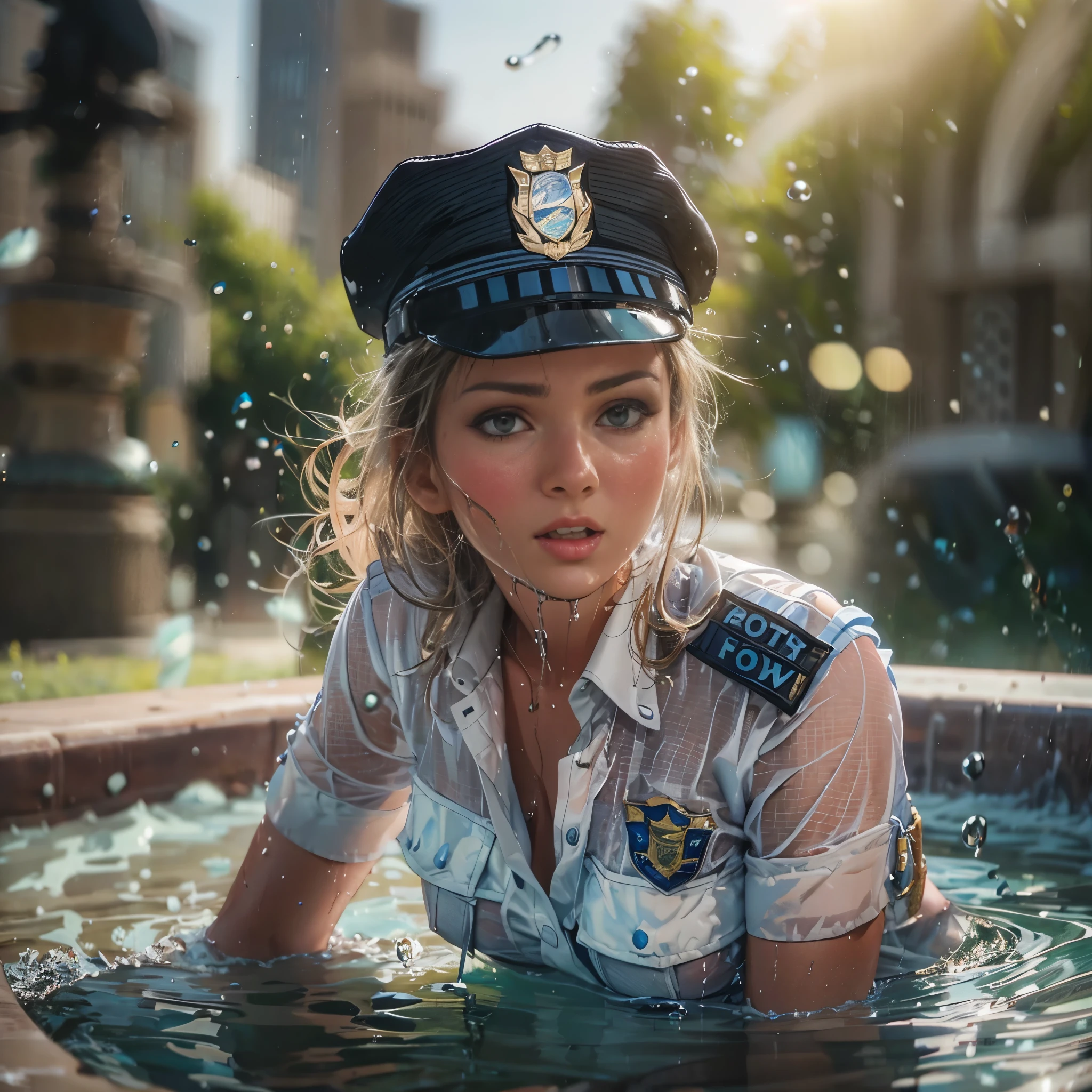 woman in police uniform sitting in a city fountain, wearing a dress made of water, portrait of a cop, absolutely outstanding image, water fairy, policewoman, unbuttoned, wearing a policewoman's uniform, female cop, splashing, cop, realistic photo, black miniskirt, badge, policewoman's hat, policewoman costume, trainee cop, ((drenched)), ((soaked)), looking at viewer, sultry, beckoning to viewer, water dripping, oil drenched clothes, 8k, alluring, (((wet))), see through, bright sunshine, sunny day, depth of field, close up, prinzzess